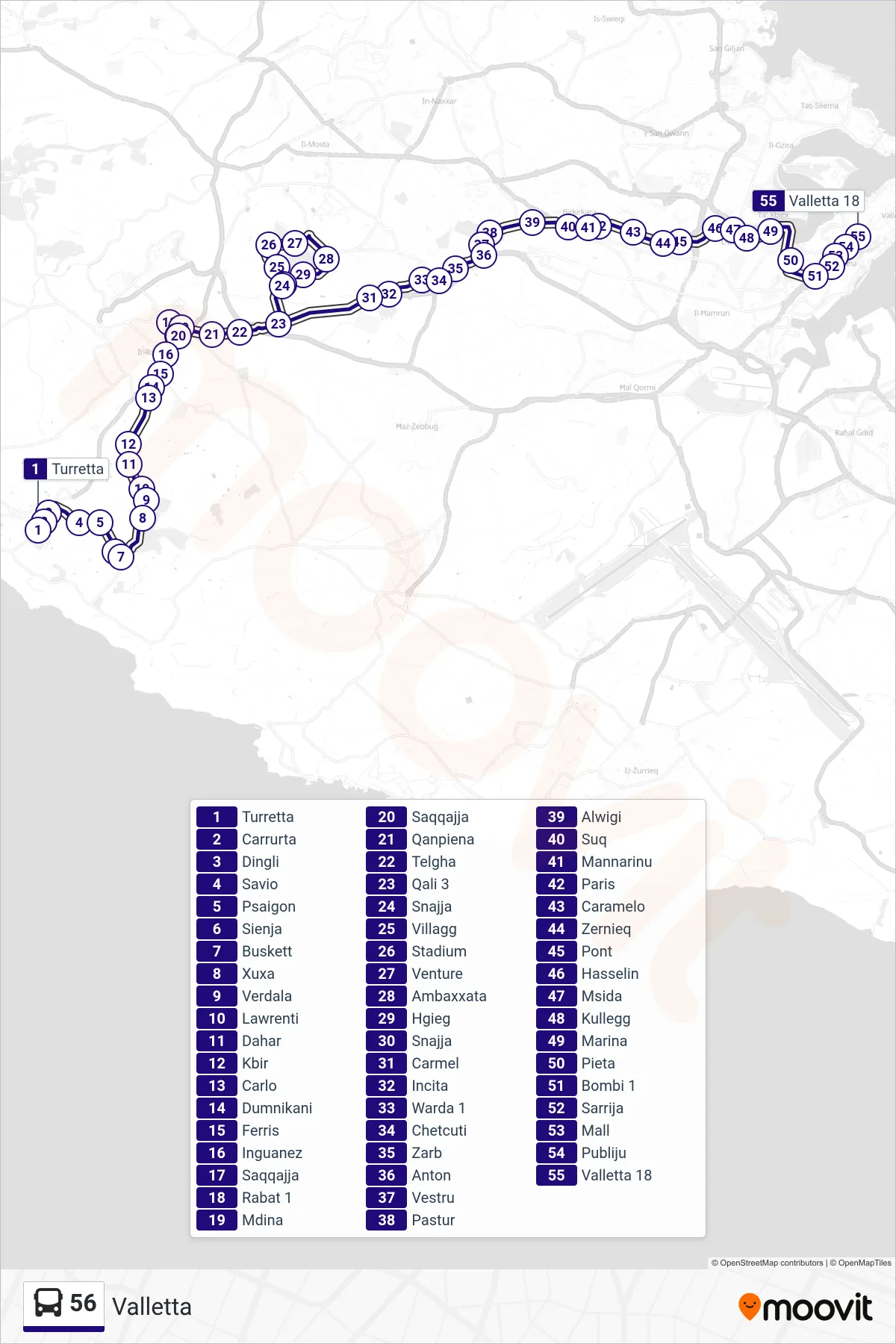 Linea 56 bus (Valletta) - Percorsi e fermate sulla mappa