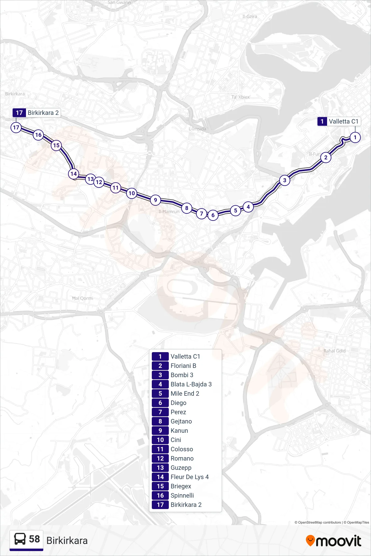 Linea 58 bus (Birkirkara) - Percorsi e fermate sulla mappa