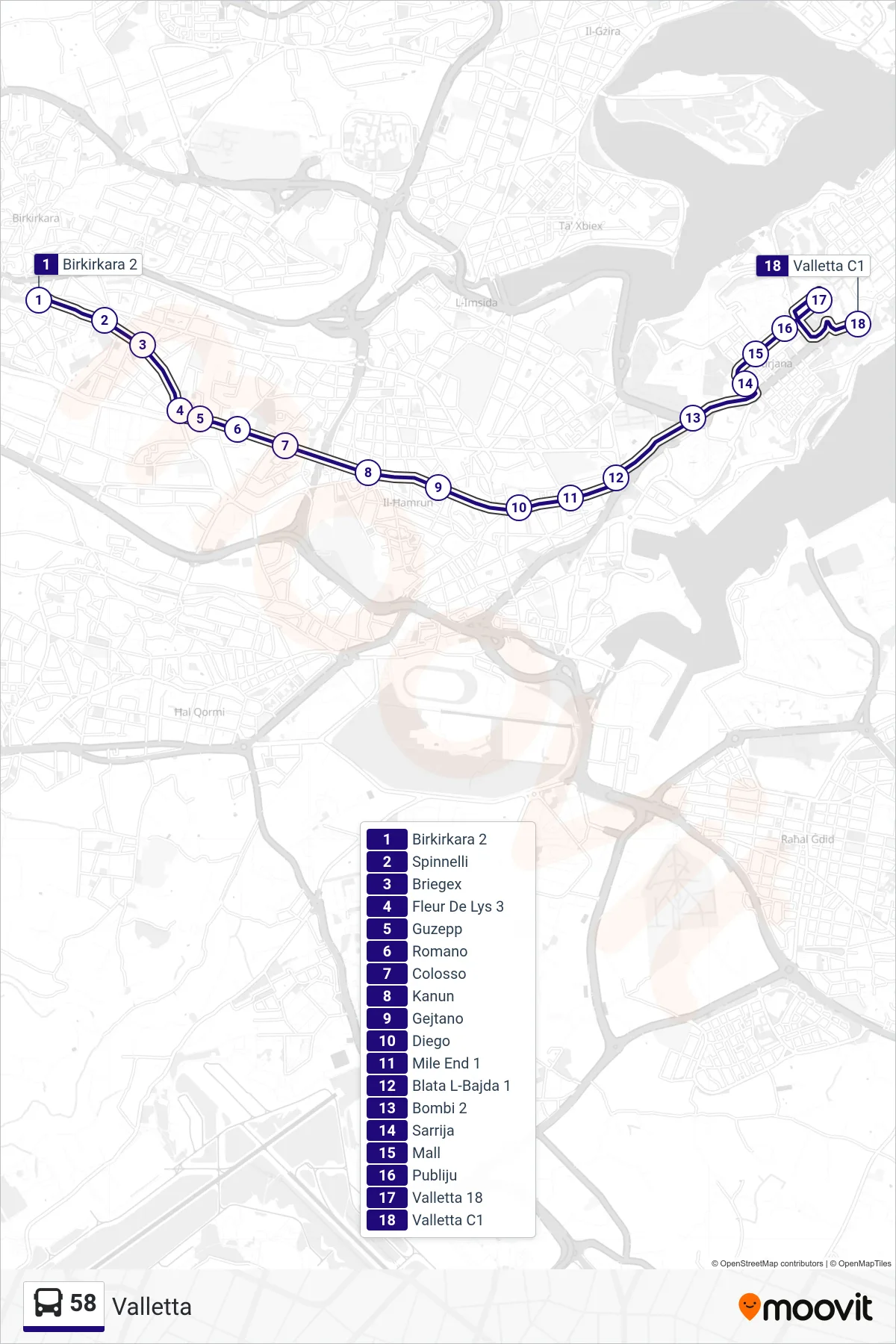 Linea 58 bus (Valletta) - Percorsi e fermate sulla mappa