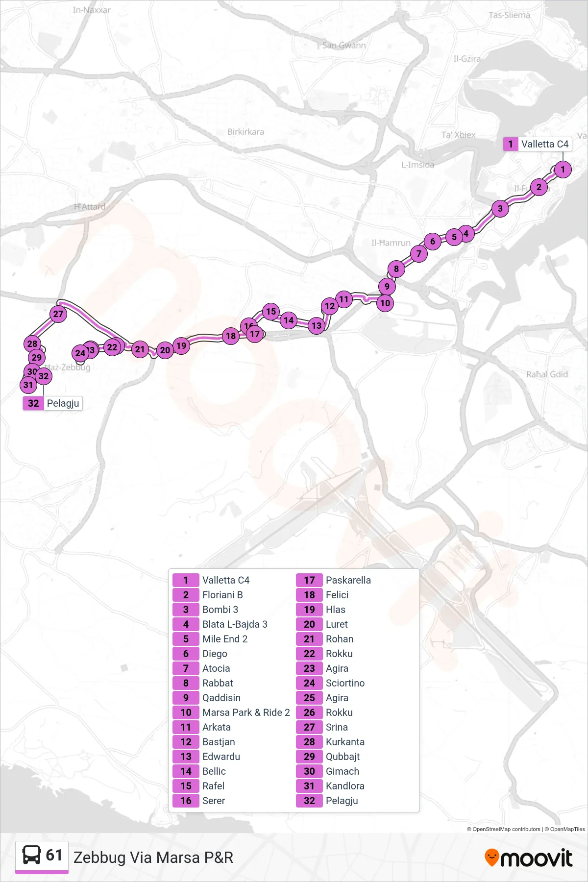 Linea 61  bus (Zebbug Via Marsa P&R) - Percorsi e fermate sulla mappa