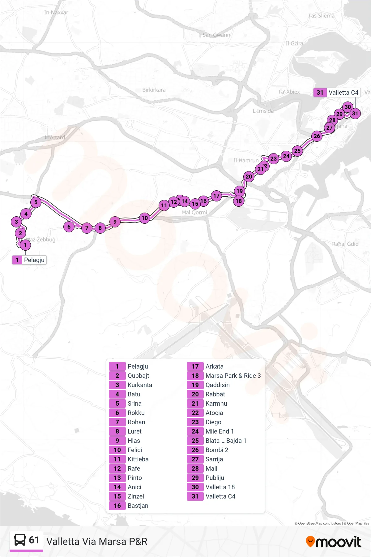 Linea 61 bus (Valletta Via Marsa P&R) - Percorsi e fermate sulla mappa
