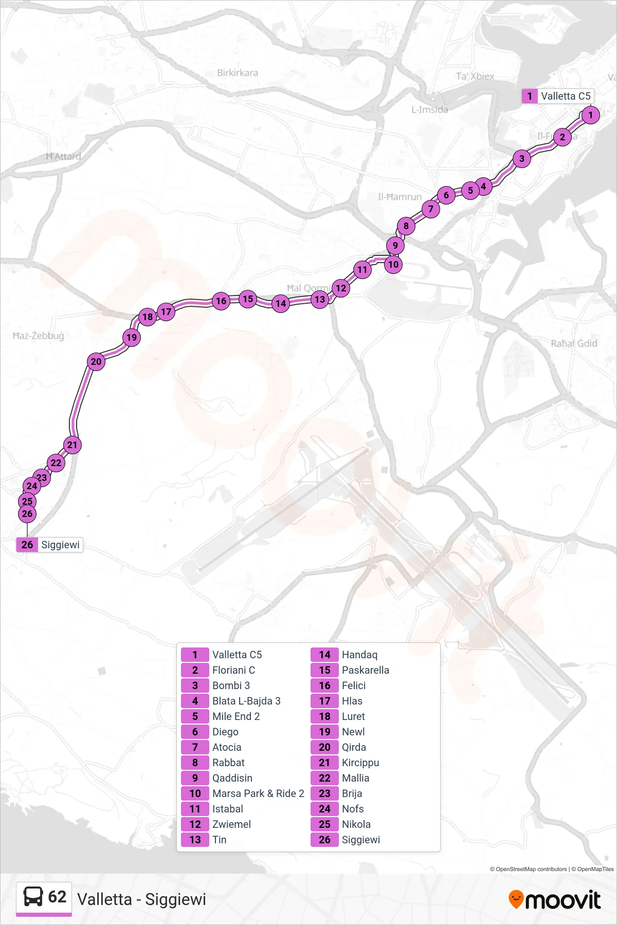 Linea 62 bus (Siggiewi) - Percorsi e fermate sulla mappa