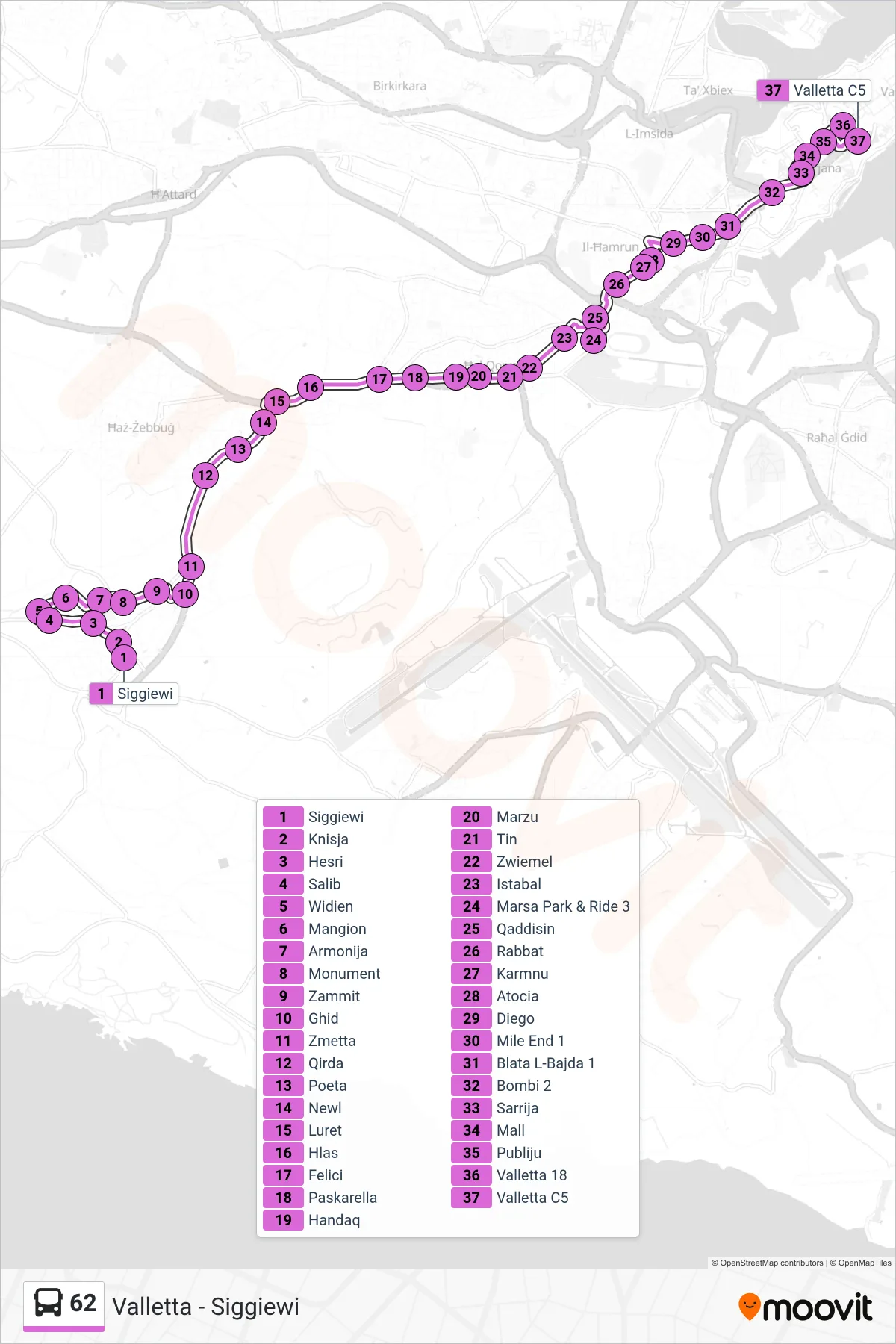 Linea 62 bus (Valletta) - Percorsi e fermate sulla mappa