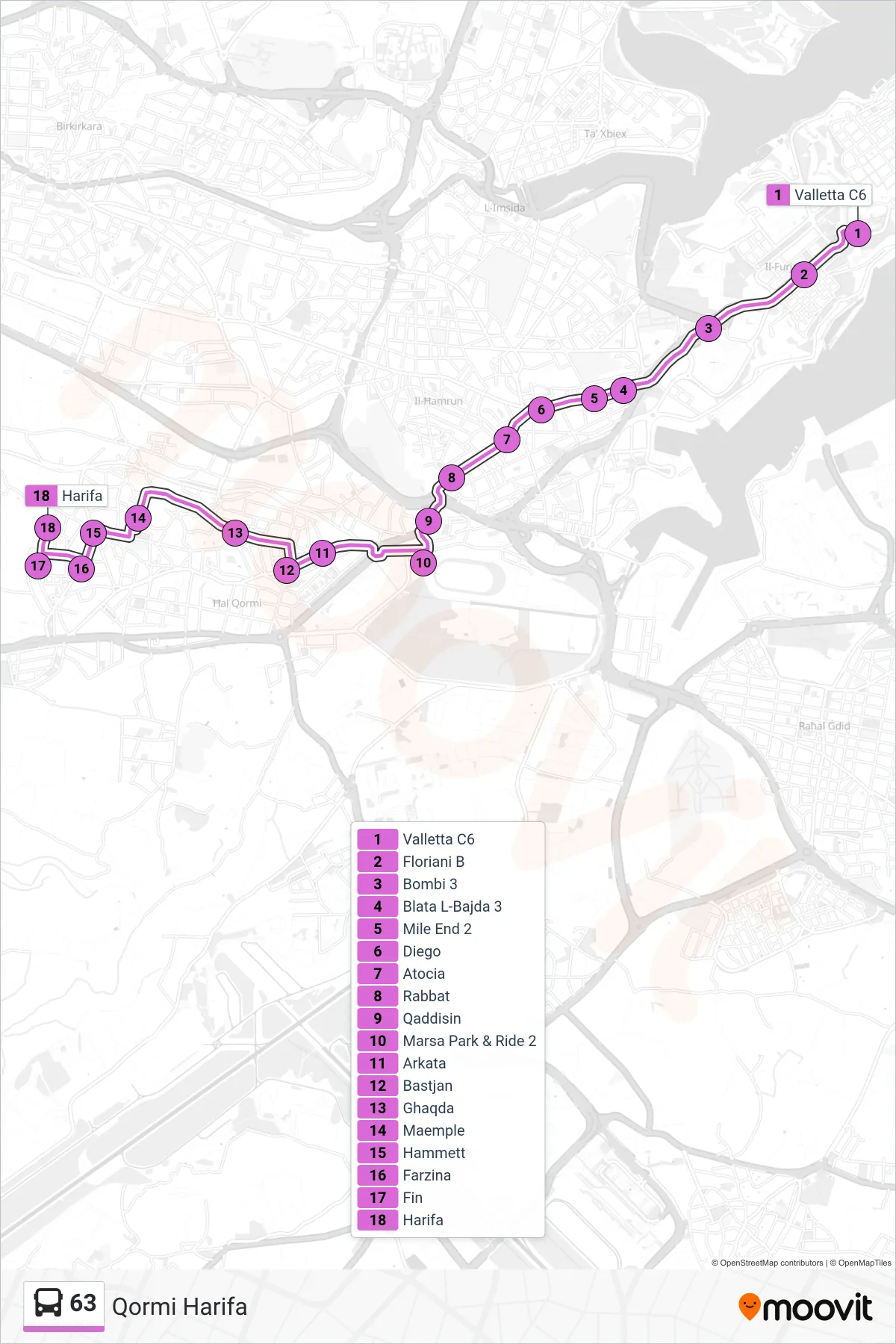Linea 63  bus (Qormi Harifa) - Percorsi e fermate sulla mappa