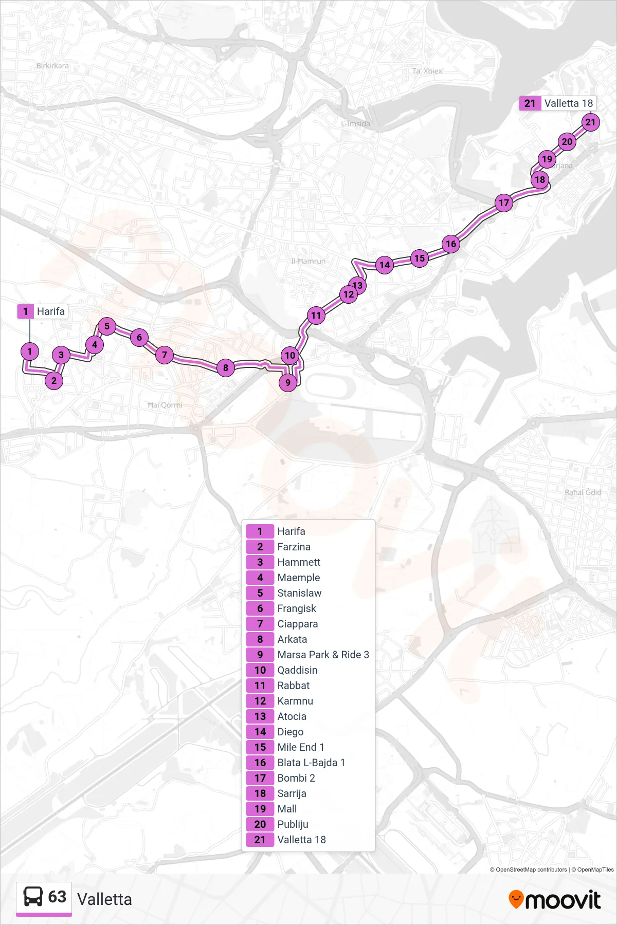 Linea 63 bus (Valletta) - Percorsi e fermate sulla mappa