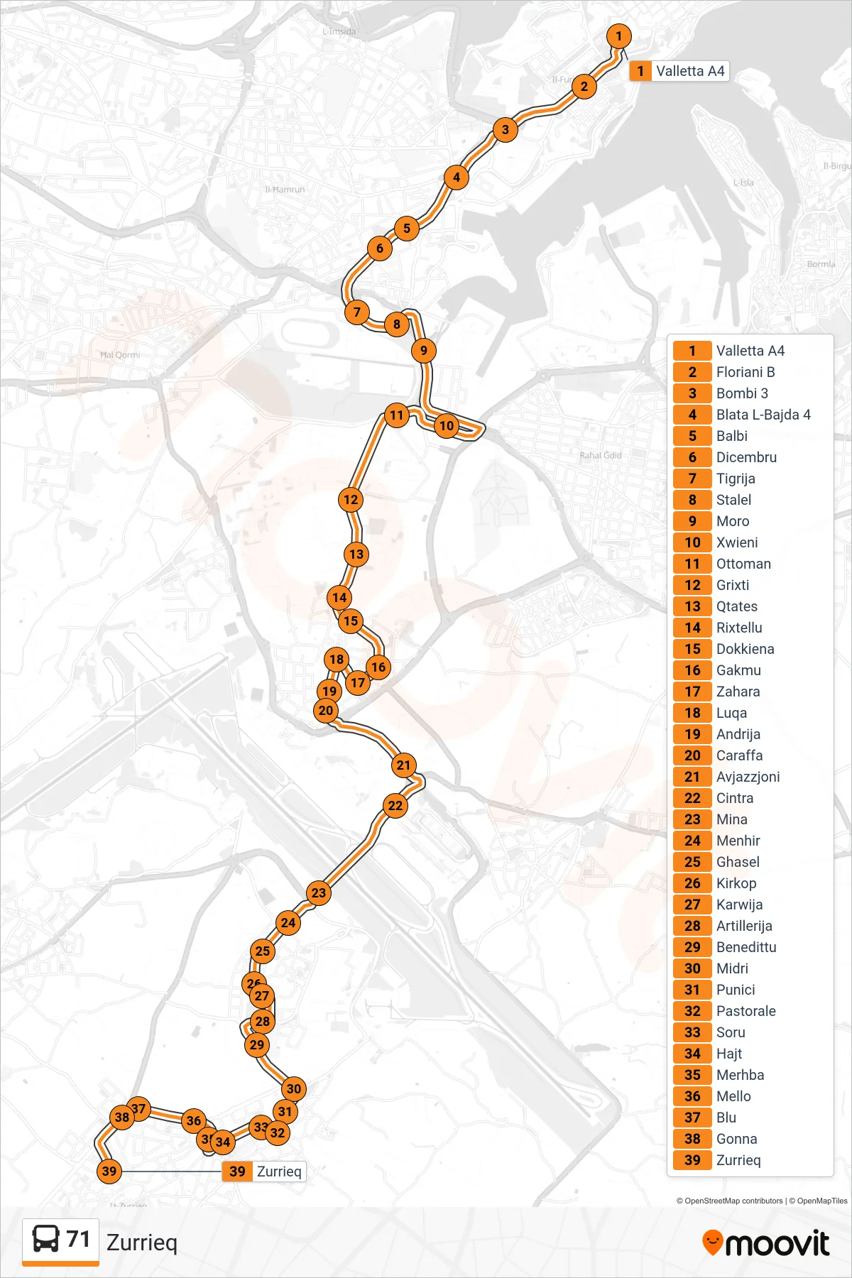 Linea 71 bus (Zurrieq) - Percorsi e fermate sulla mappa