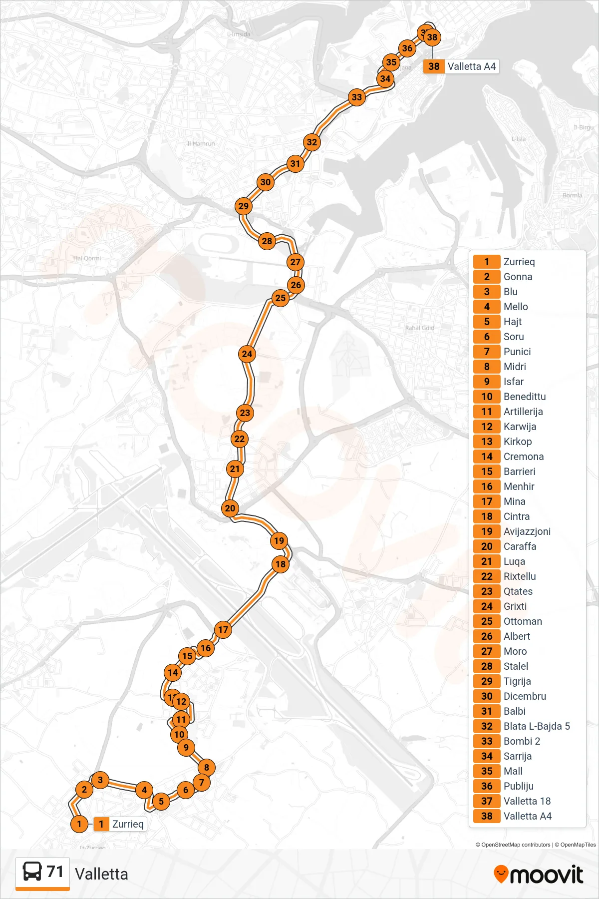 Linea 71  bus (Valletta) - Percorsi e fermate sulla mappa