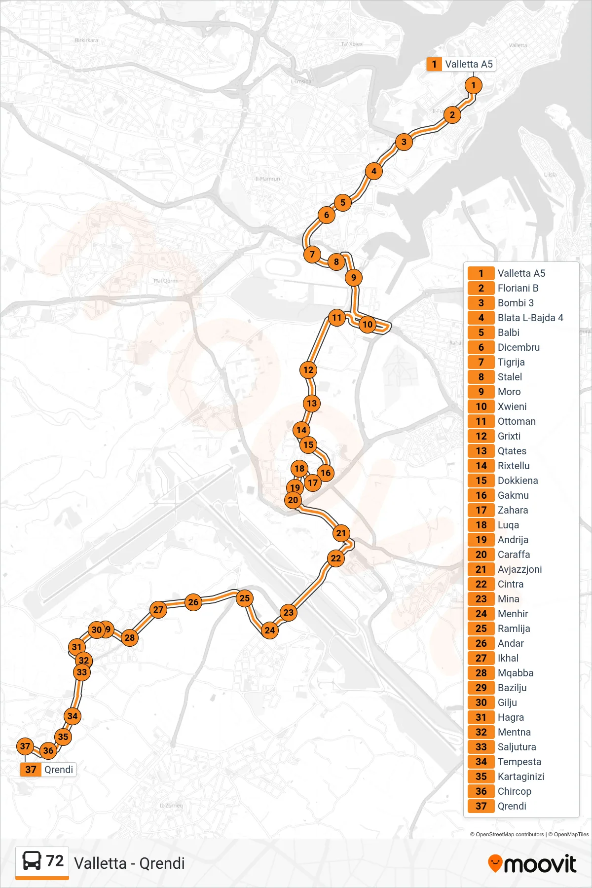 Linea 72 bus (Qrendi) - Percorsi e fermate sulla mappa