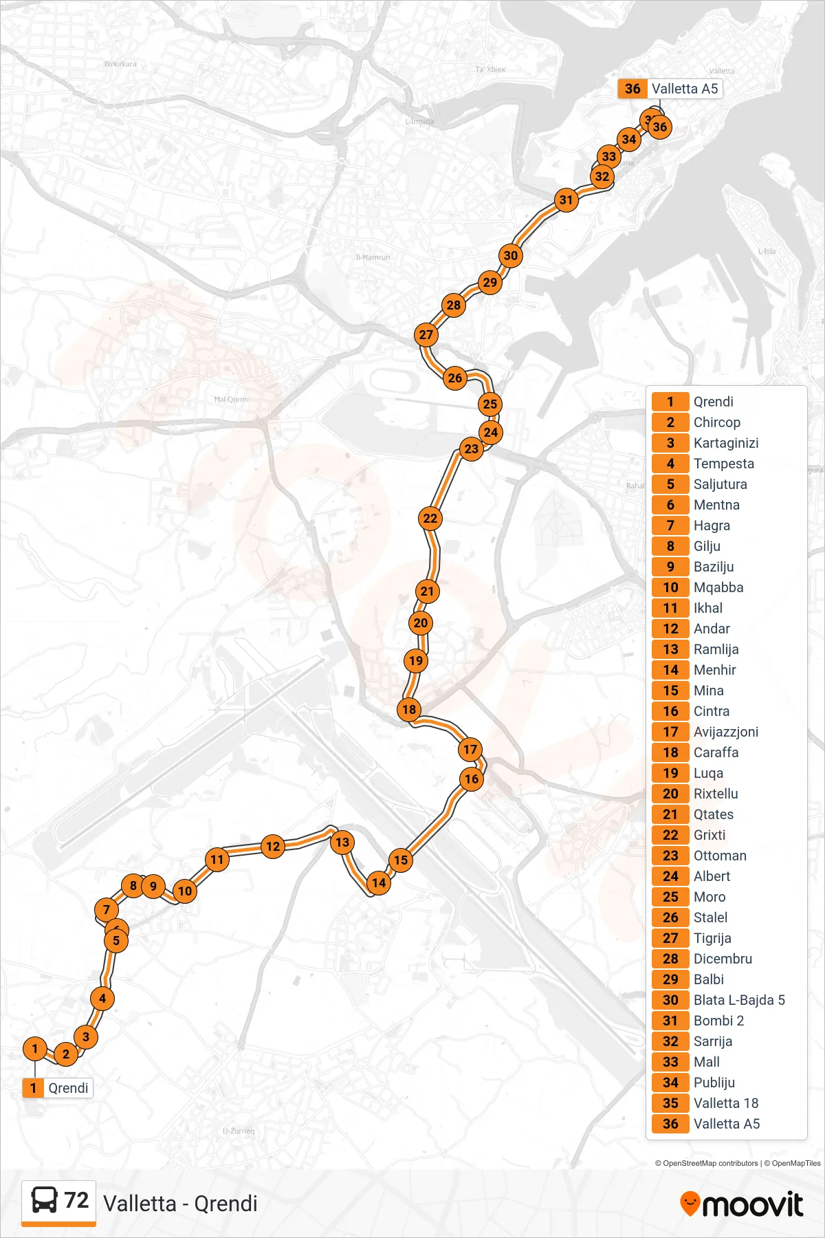 Linea 72 bus (Valletta) - Percorsi e fermate sulla mappa