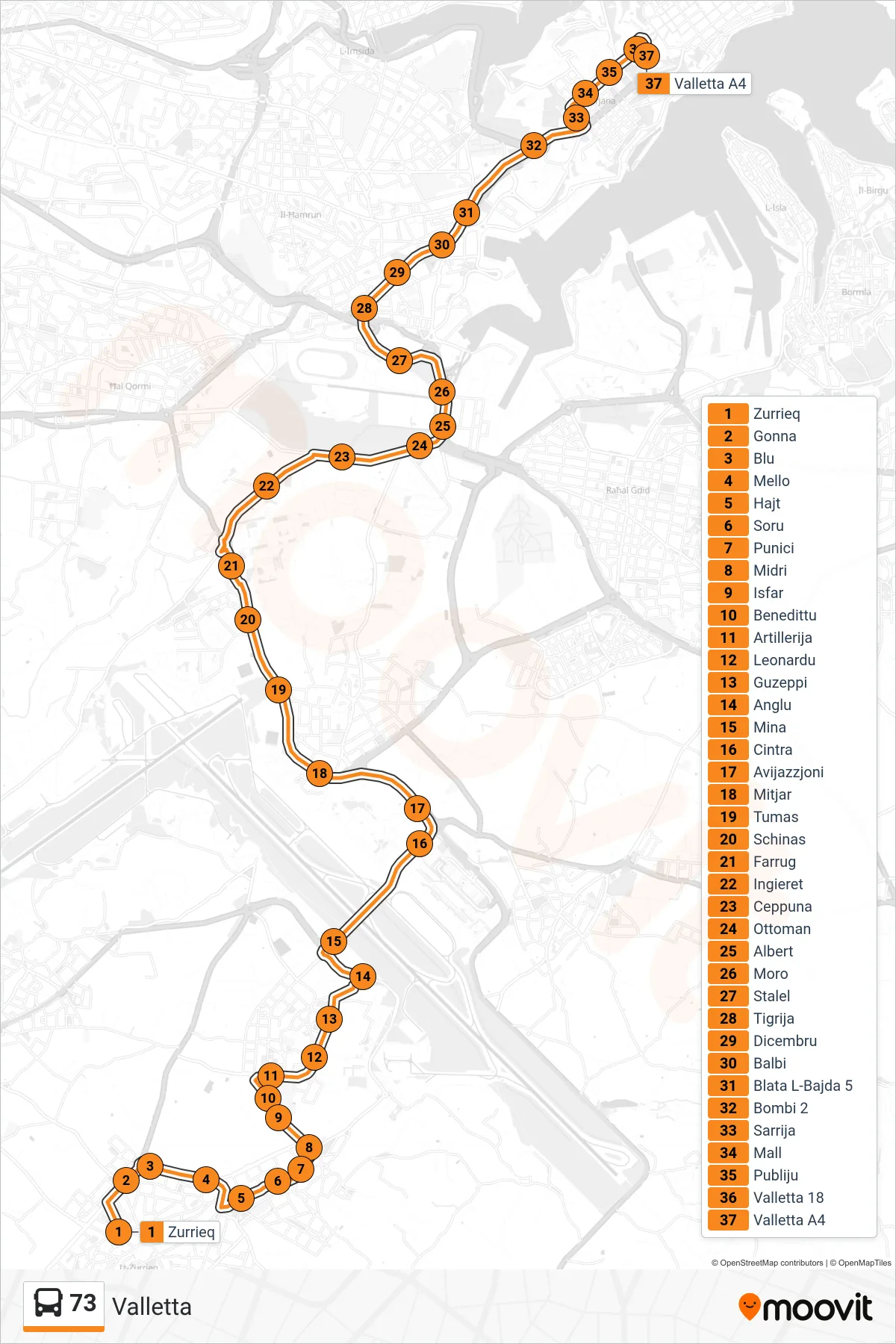 Linea 73 bus (Valletta) - Percorsi e fermate sulla mappa