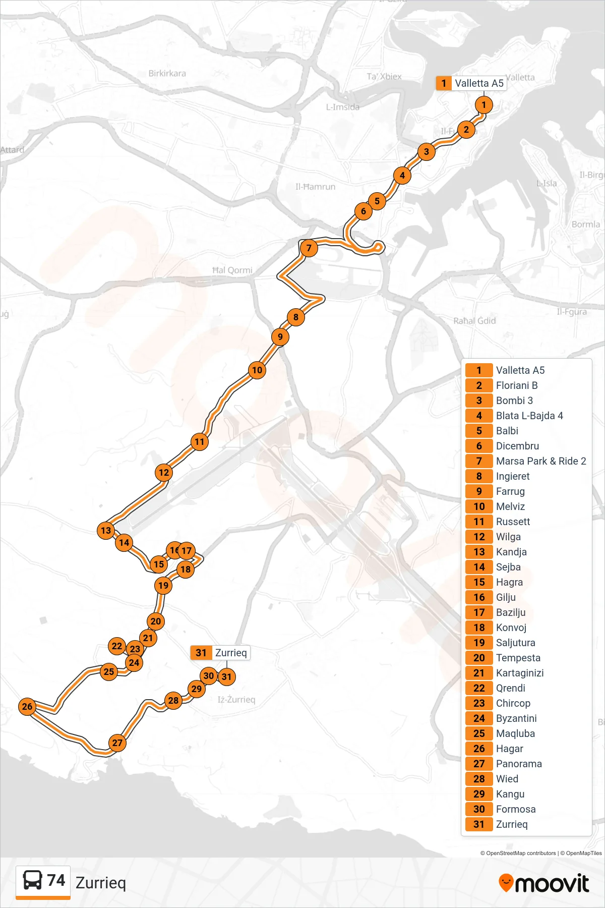Linea 74 bus (Zurrieq) - Percorsi e fermate sulla mappa