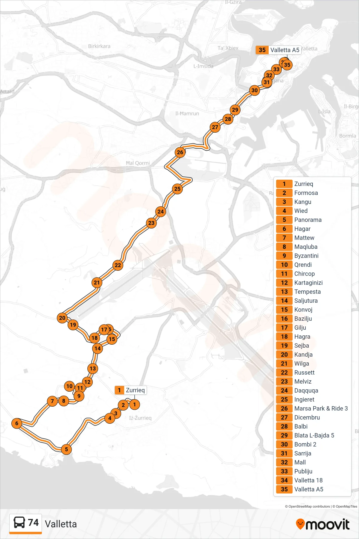 Linea 74  bus (Valletta) - Percorsi e fermate sulla mappa