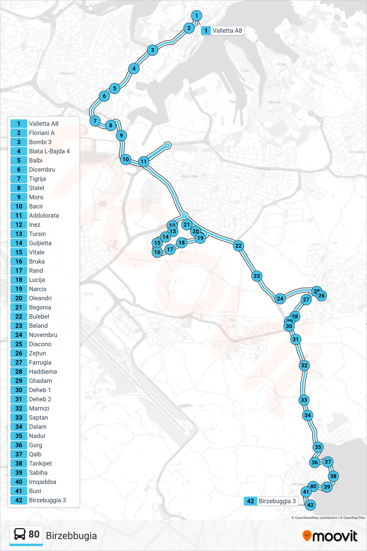 Linea 80 bus (Birzebbugia) - Percorsi e fermate sulla mappa