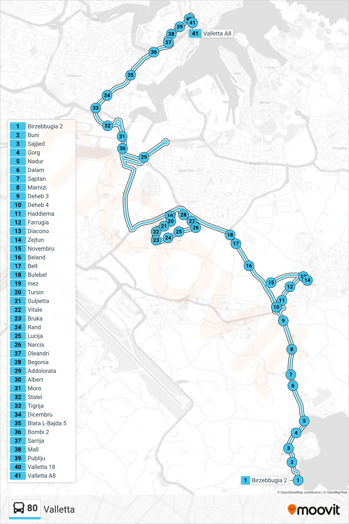 Linea 80 bus (Valletta) - Percorsi e fermate sulla mappa