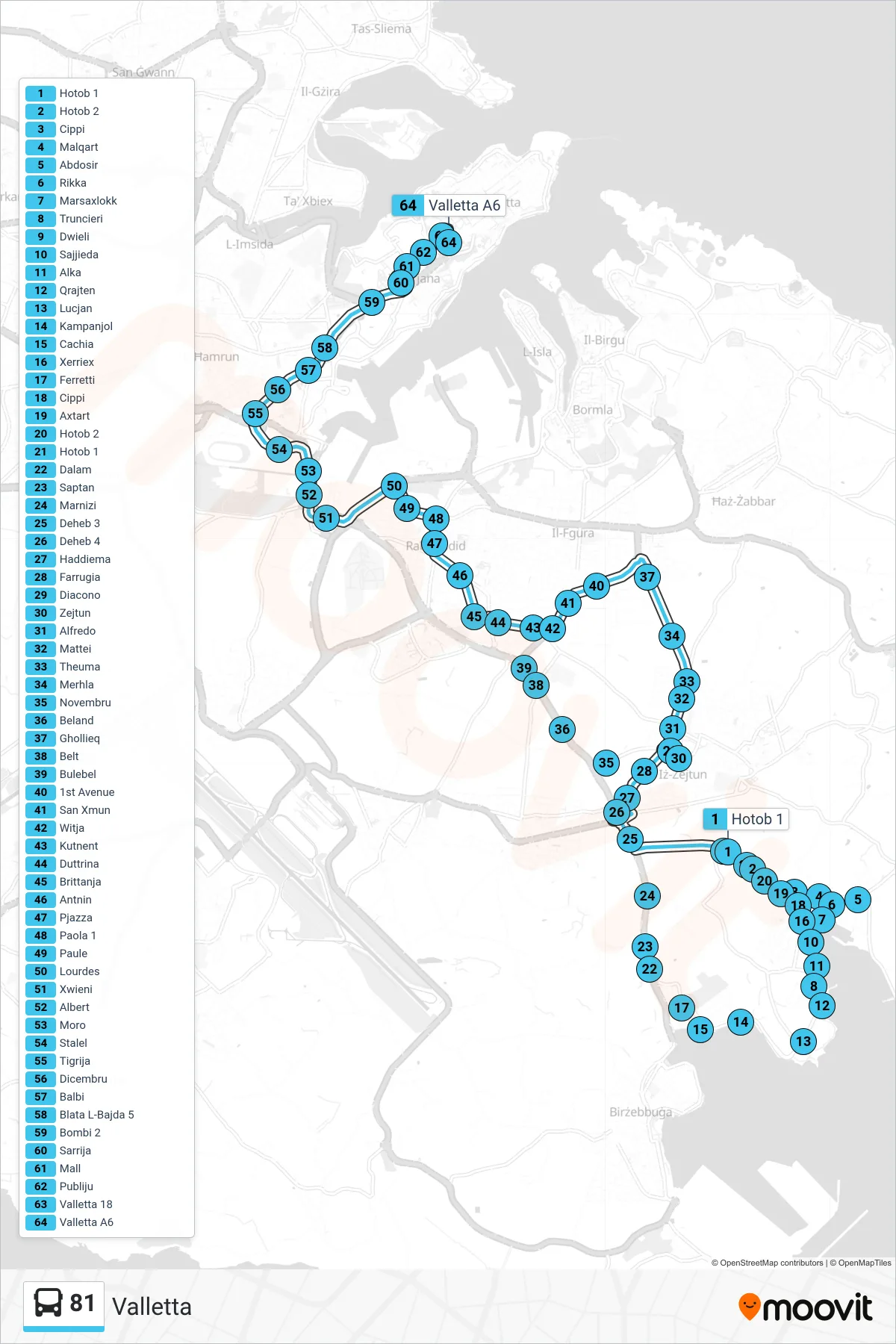Linea 81  bus (Valletta) - Percorsi e fermate sulla mappa