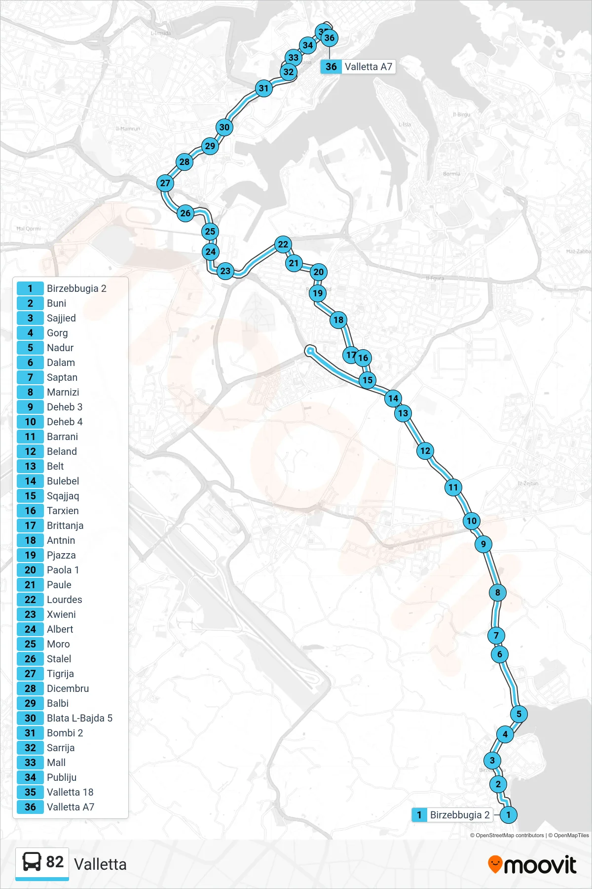Linea 82 bus (Valletta) - Percorsi e fermate sulla mappa