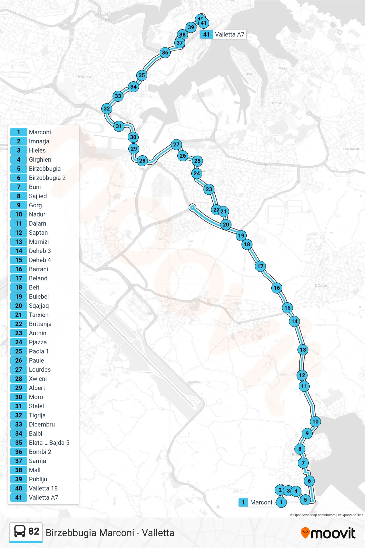 Linea 82 bus (Birzebbugia Marconi - Valletta) - Percorsi e fermate sulla mappa