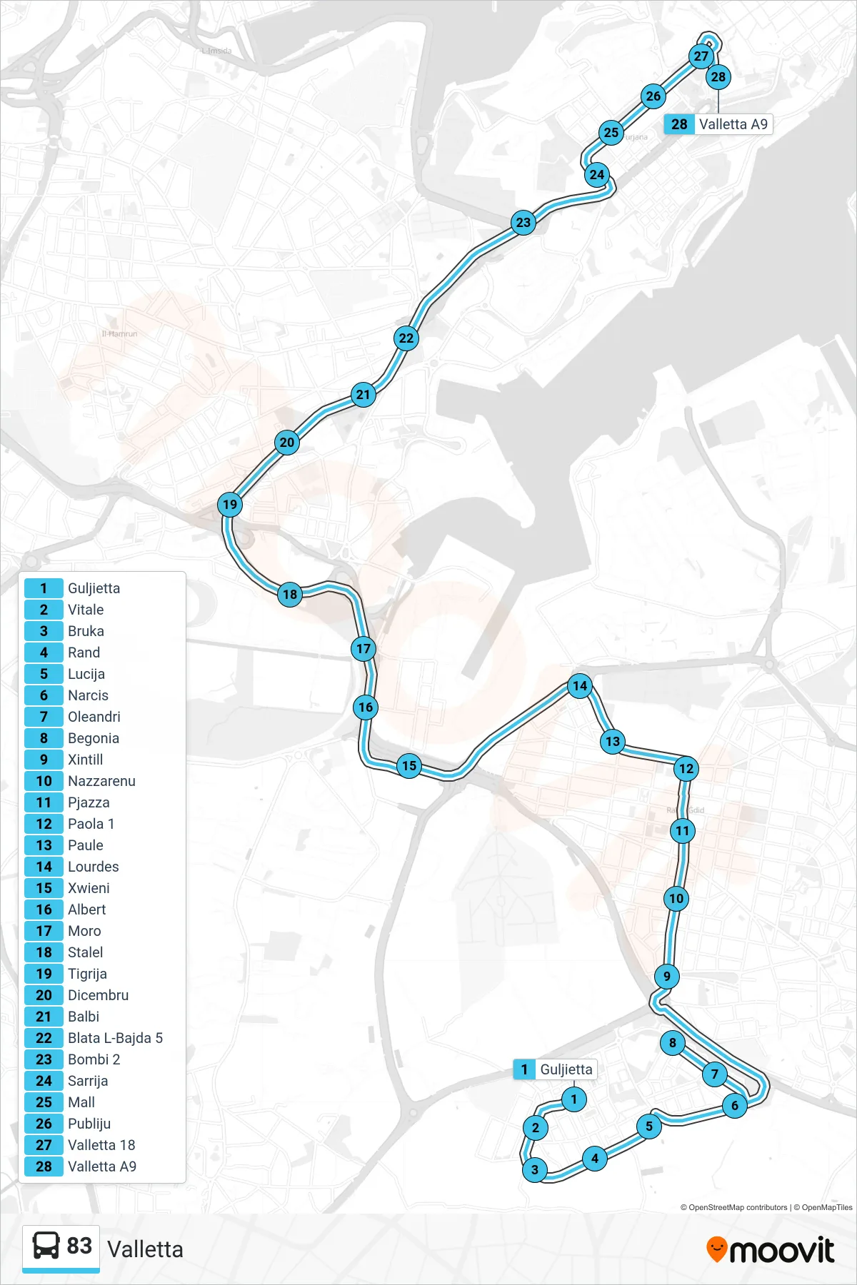 Linea 83 bus (Valletta) - Percorsi e fermate sulla mappa