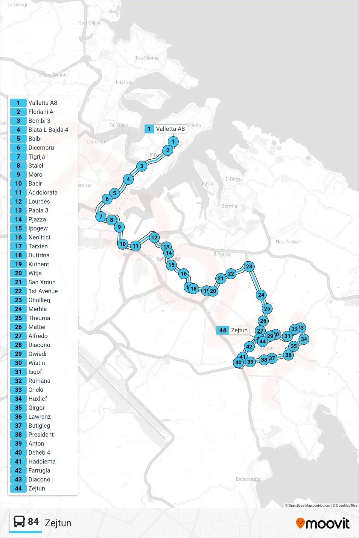 Linea 84 bus (Zejtun) - Percorsi e fermate sulla mappa