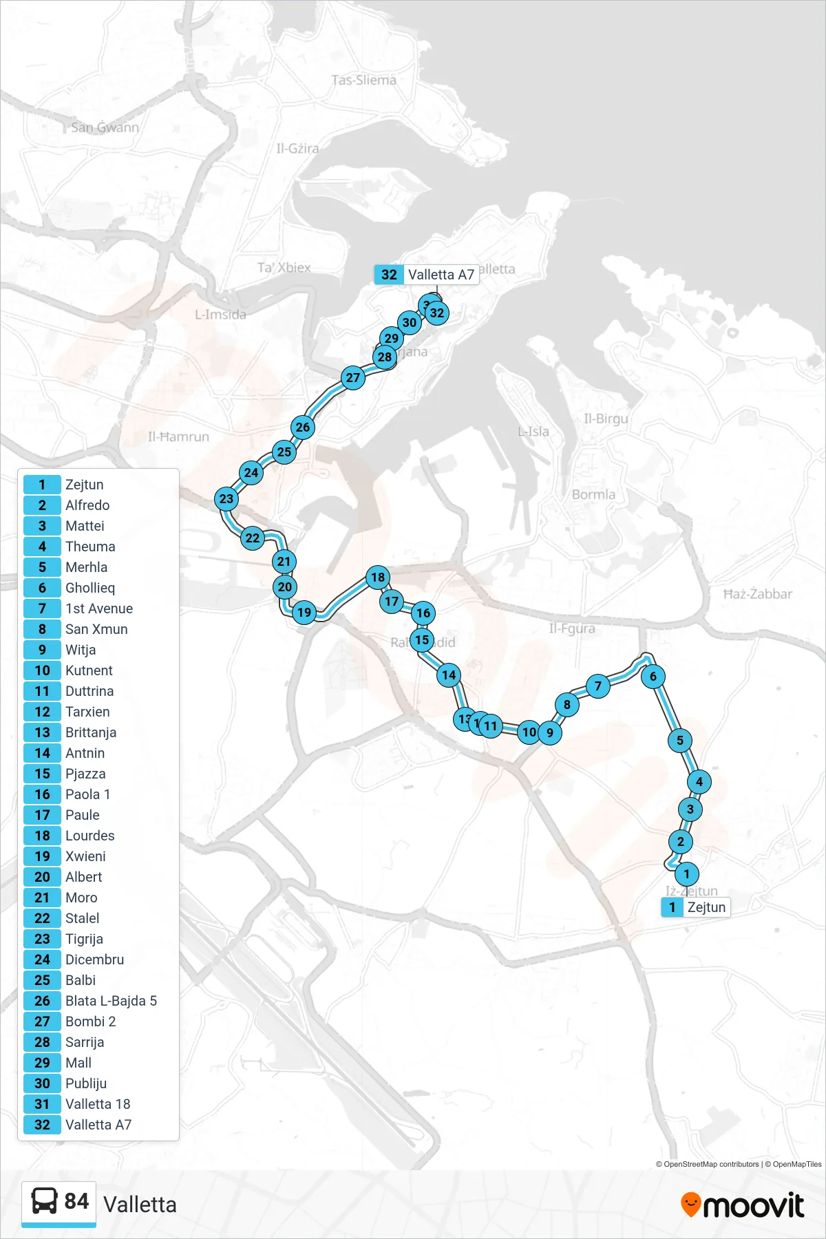 Linea 84 bus (Valletta) - Percorsi e fermate sulla mappa