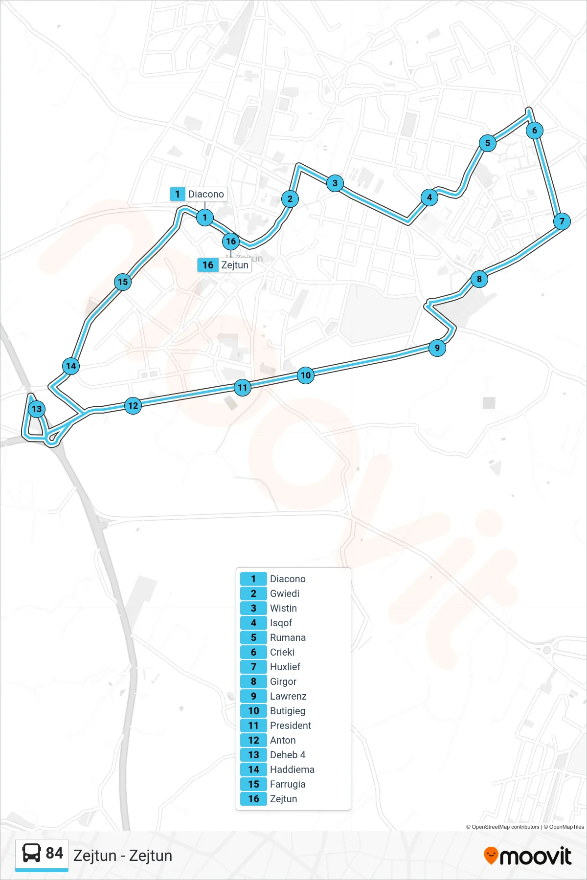 Linea 84 bus (Zejtun - Zejtun) - Percorsi e fermate sulla mappa