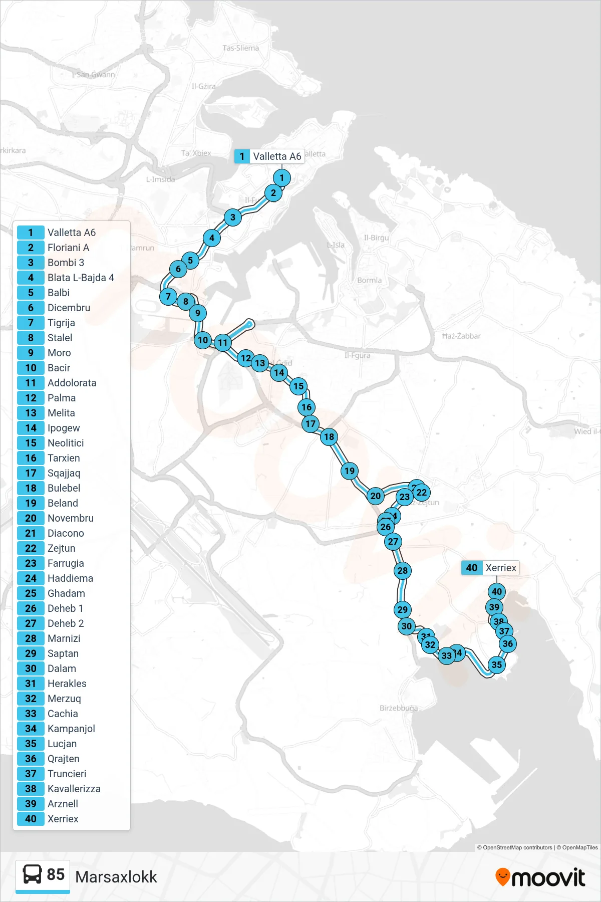 Linea 85 bus (Marsaxlokk) - Percorsi e fermate sulla mappa
