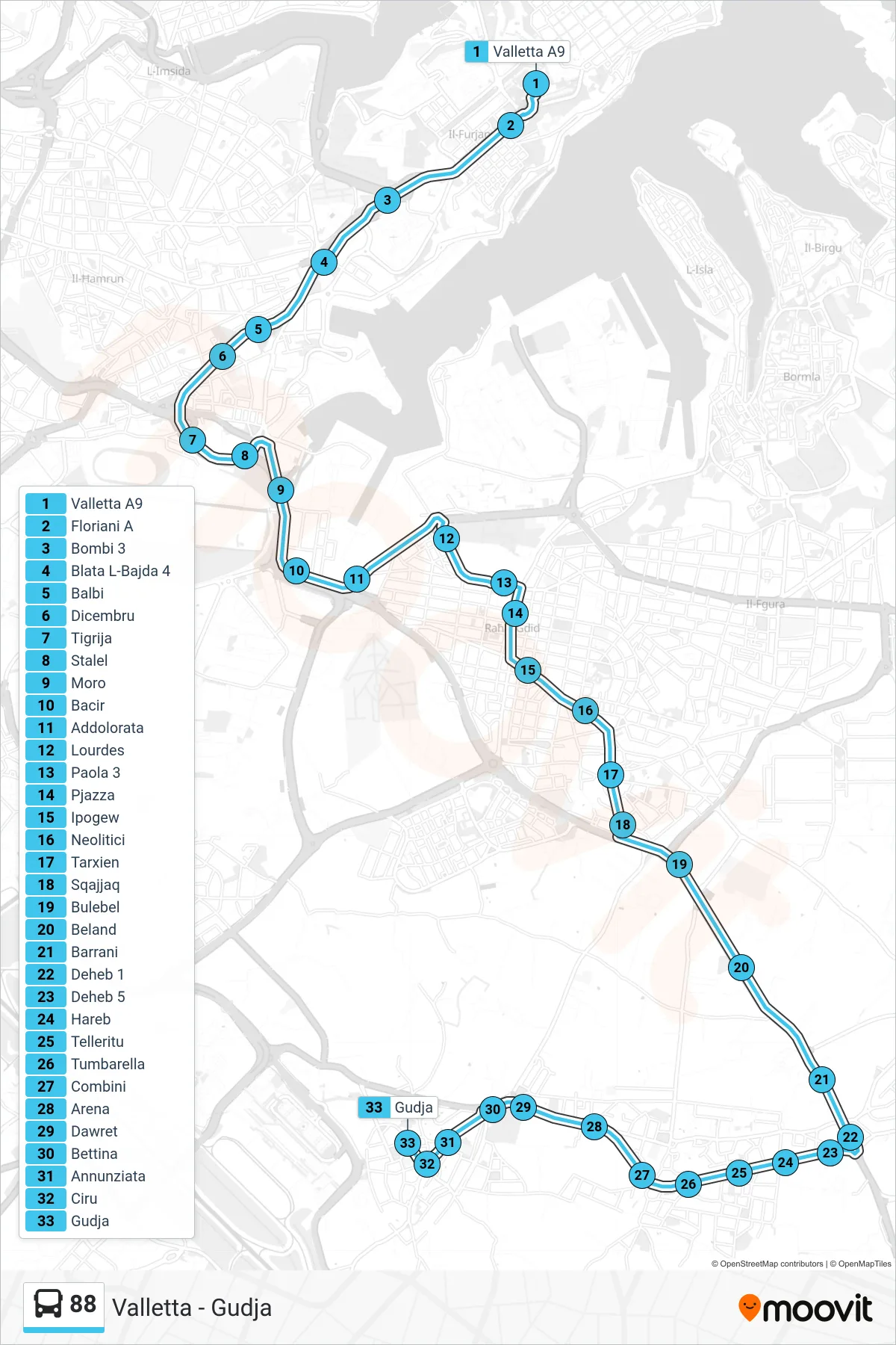 Linea 88  bus (Gudja) - Percorsi e fermate sulla mappa