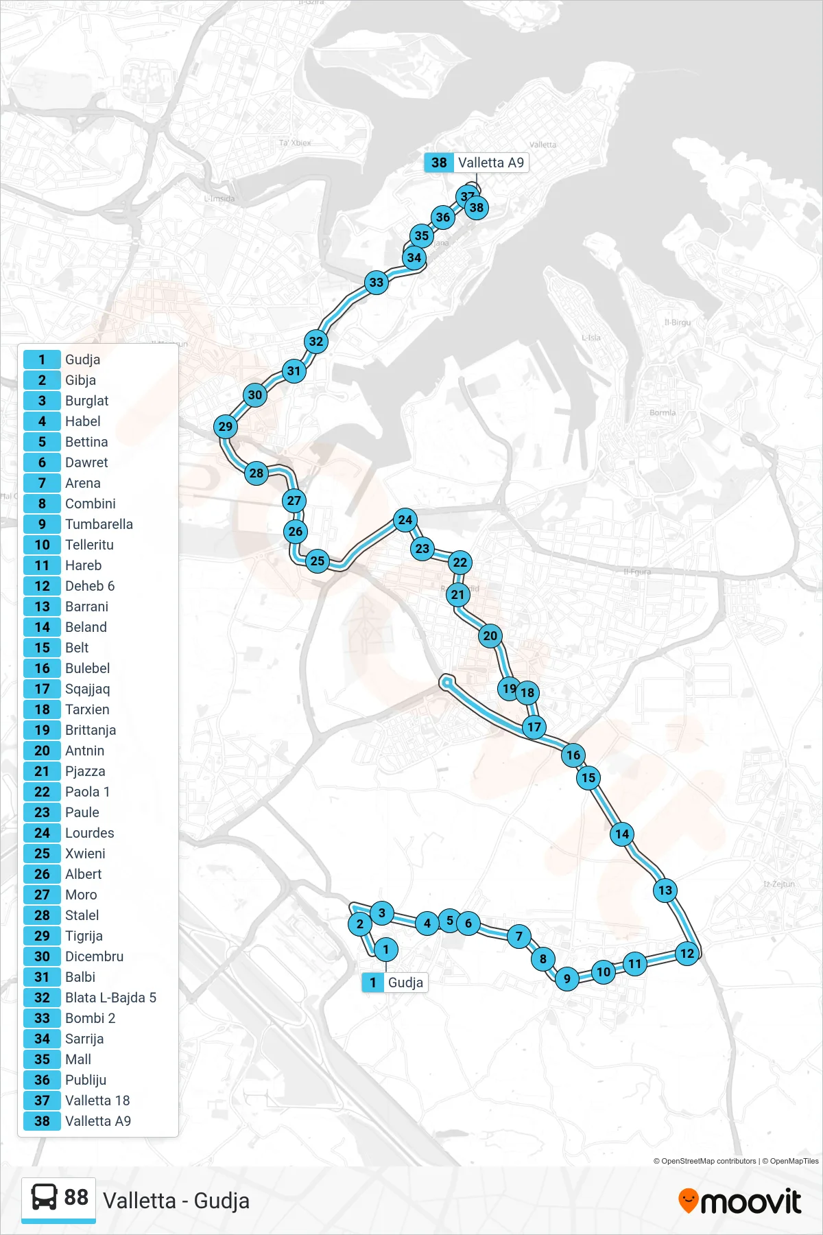 Linea 88 bus (Valletta) - Percorsi e fermate sulla mappa