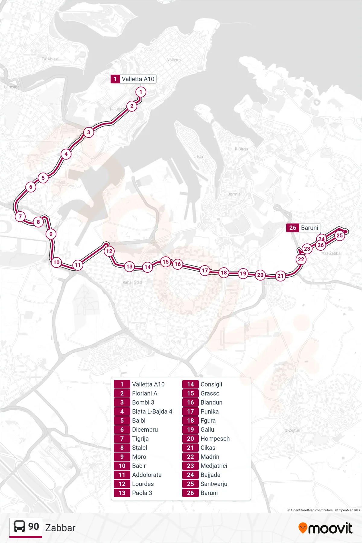 Linea 90 bus (Zabbar) - Percorsi e fermate sulla mappa