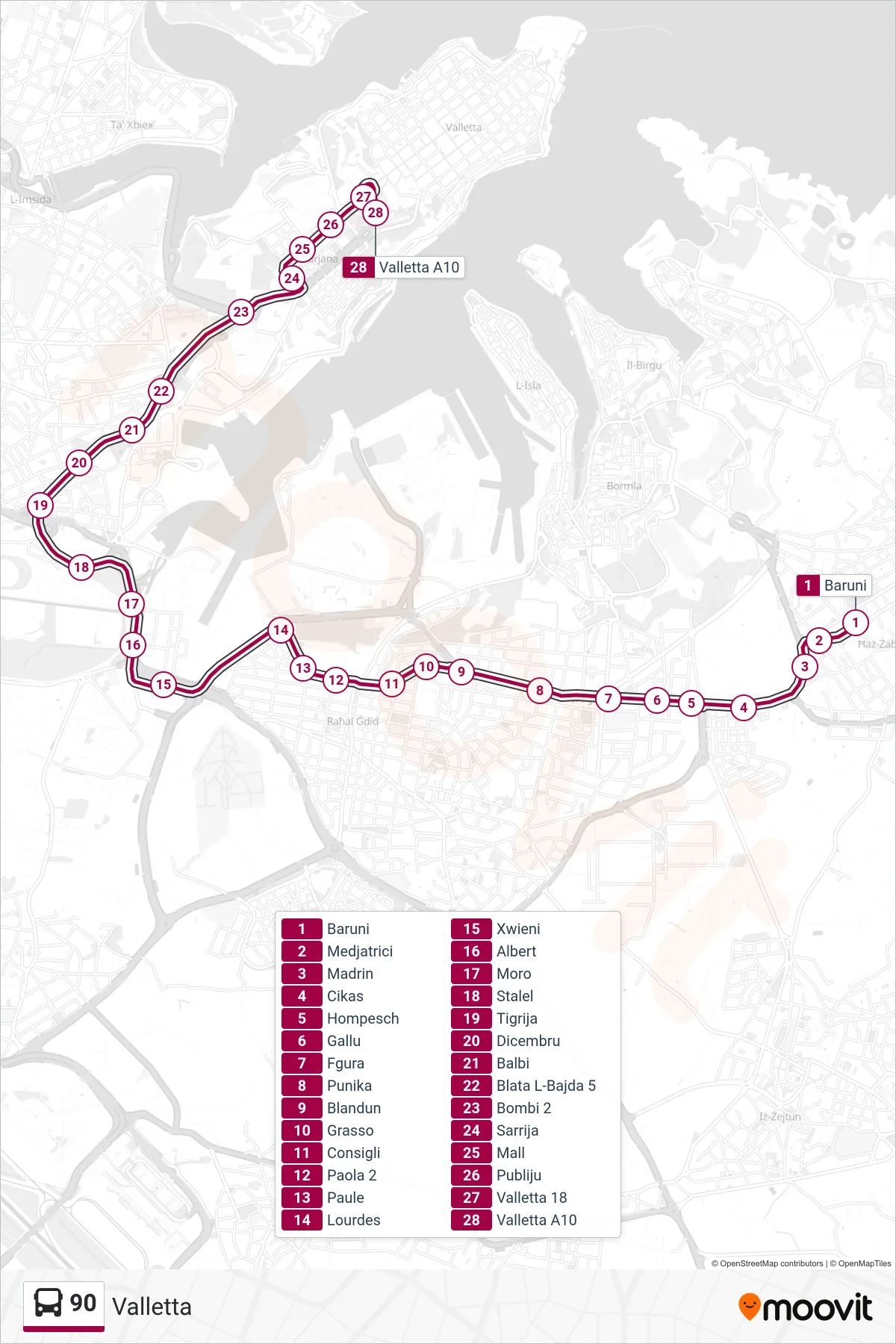 Linea 90 bus (Valletta) - Percorsi e fermate sulla mappa