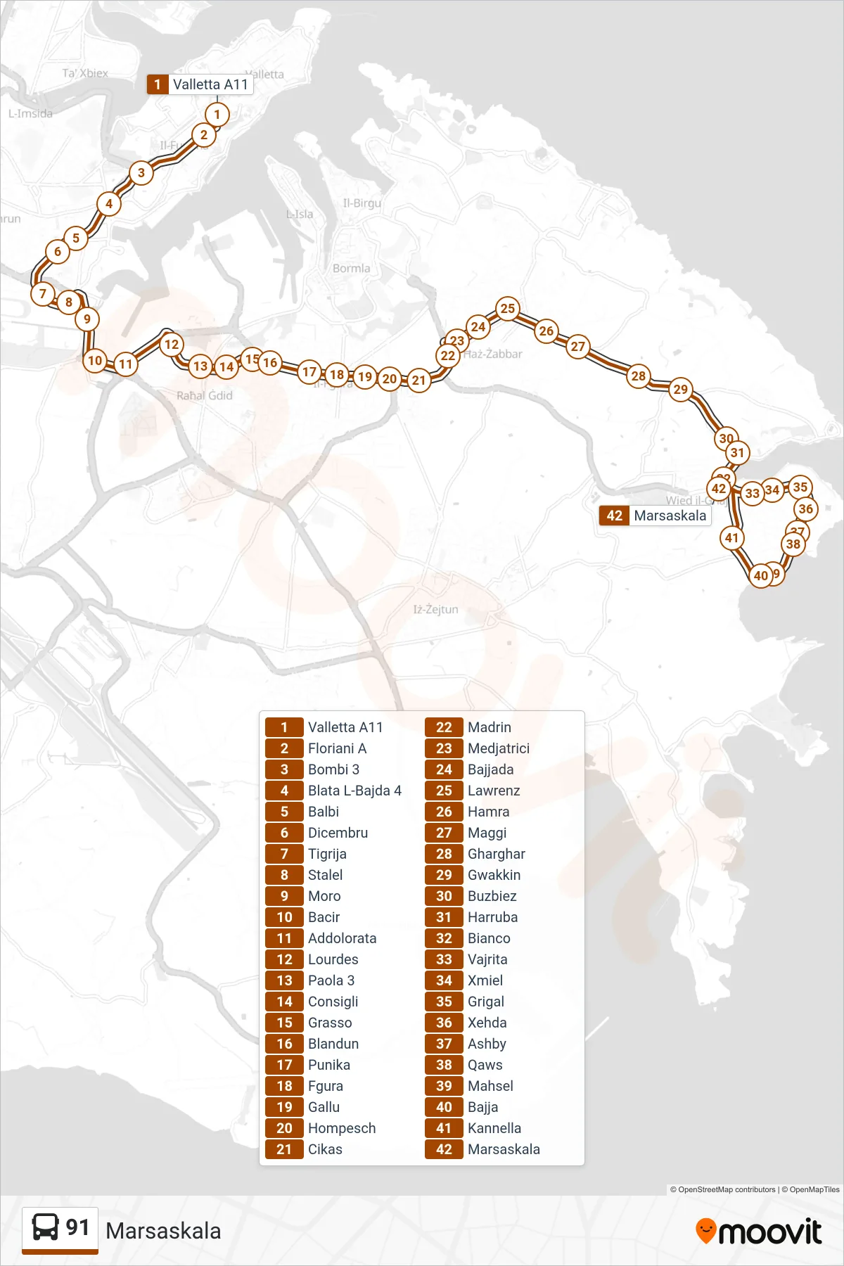 Linea 91  bus (Marsaskala) - Percorsi e fermate sulla mappa