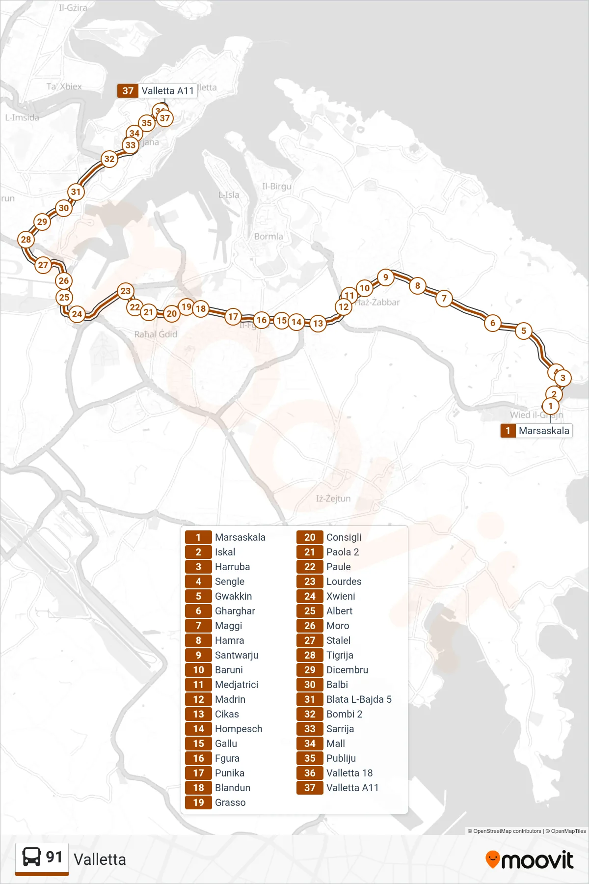 Linea 91 bus (Valletta) - Percorsi e fermate sulla mappa
