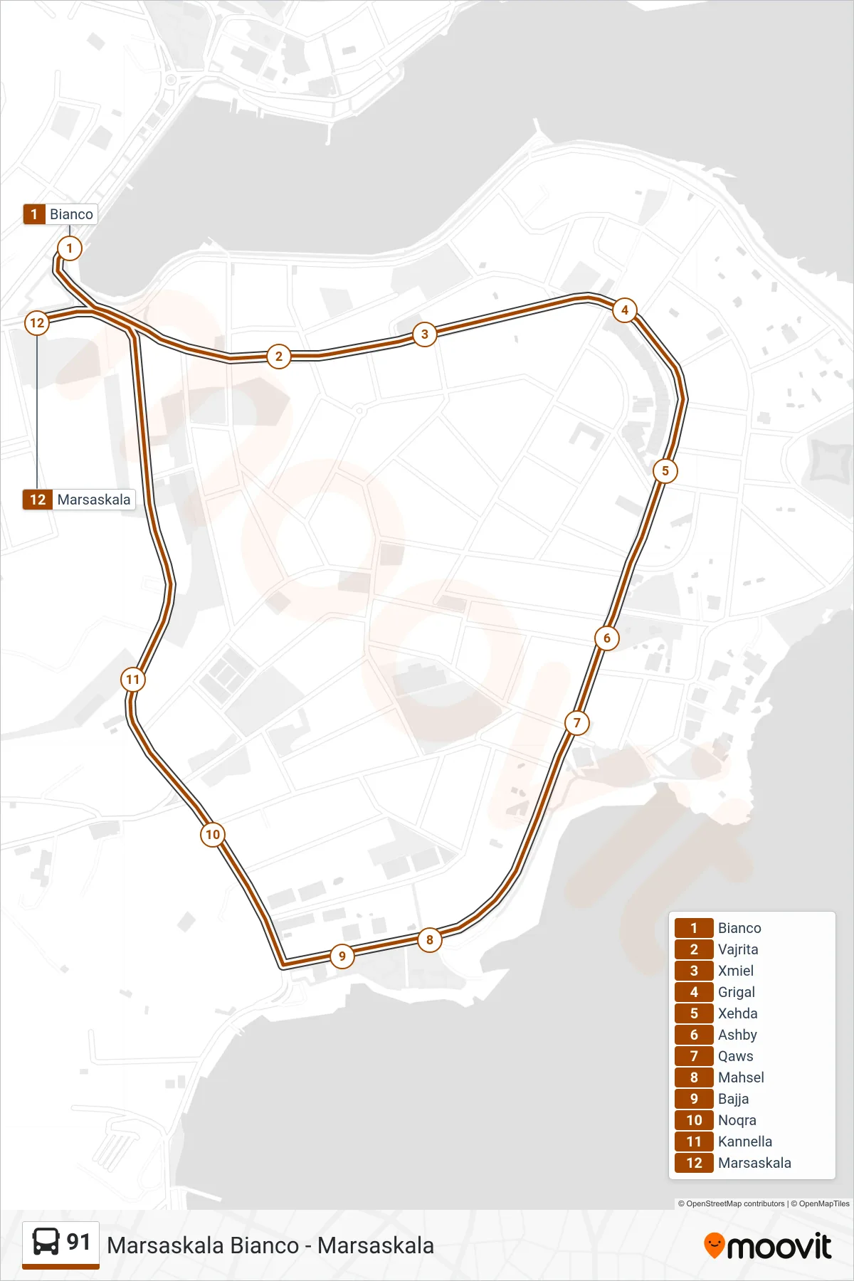 Linea 91 bus (Marsaskala Bianco - Marsaskala) - Percorsi e fermate sulla mappa