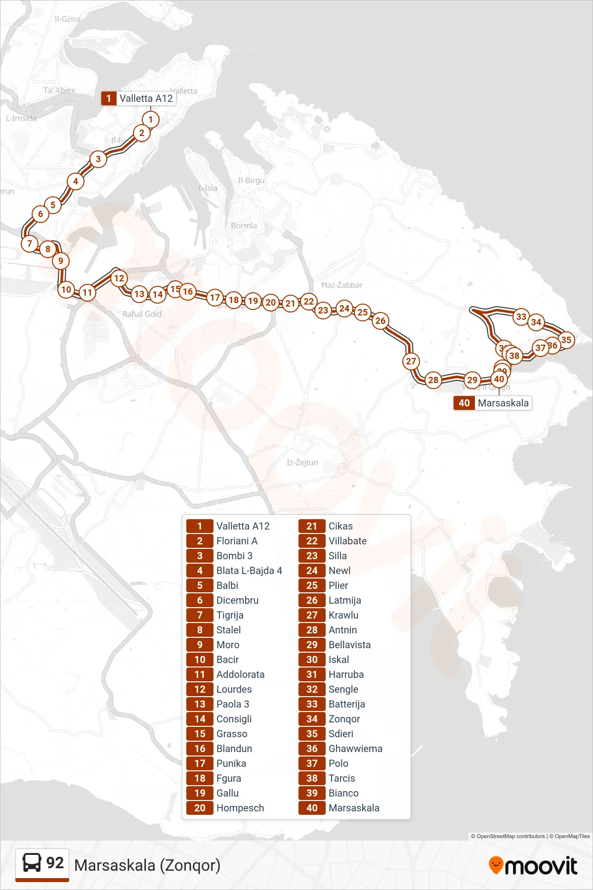 Linea 92 bus (Marsaskala (Zonqor)) - Percorsi e fermate sulla mappa
