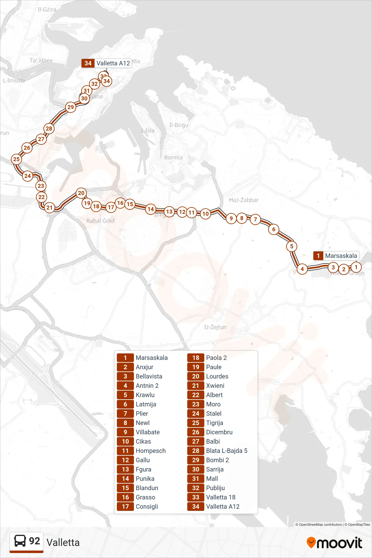 Linea 92  bus (Valletta) - Percorsi e fermate sulla mappa