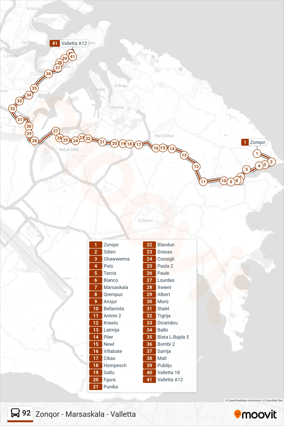 Linea 92 bus (Zonqor - Marsaskala - Valletta) - Percorsi e fermate sulla mappa