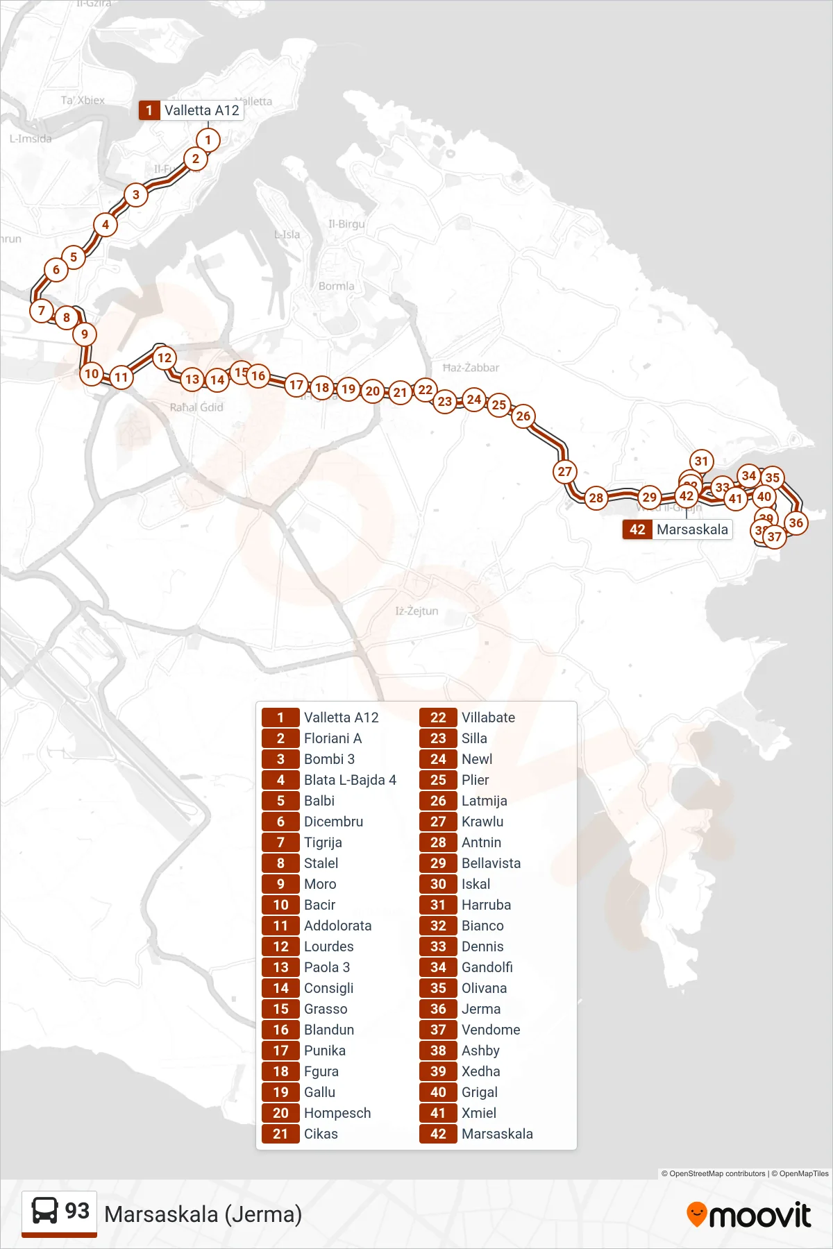 Linea 93  bus (Marsaskala (Jerma)) - Percorsi e fermate sulla mappa