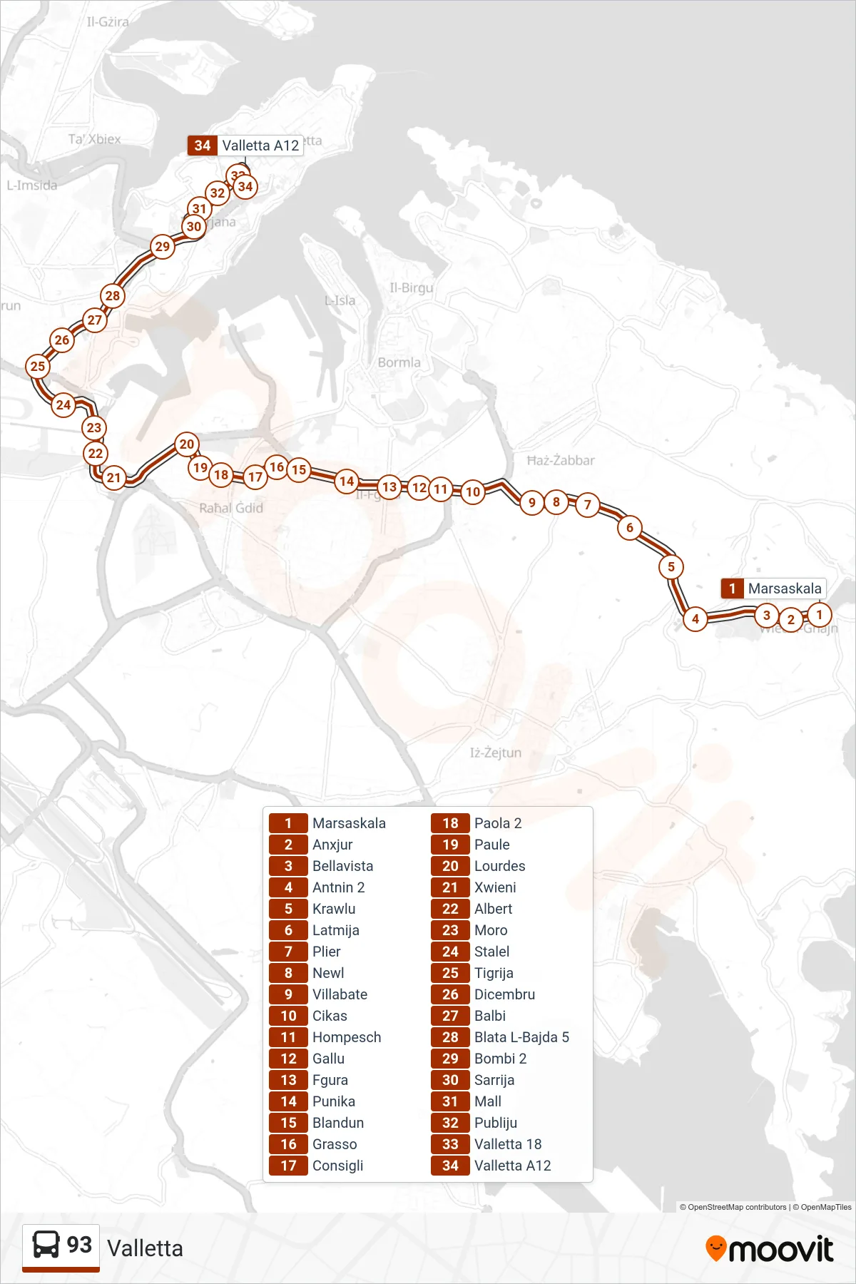 Linea 93 bus (Valletta) - Percorsi e fermate sulla mappa