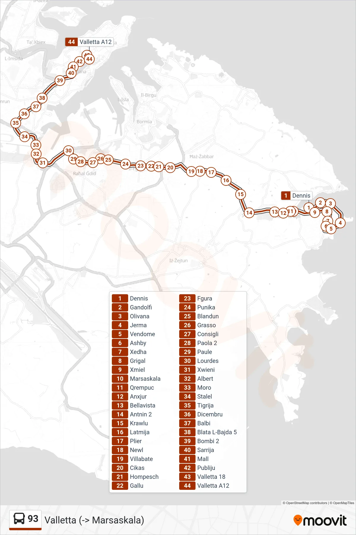 Linea 93 bus (Valletta (-> Marsaskala)) - Percorsi e fermate sulla mappa