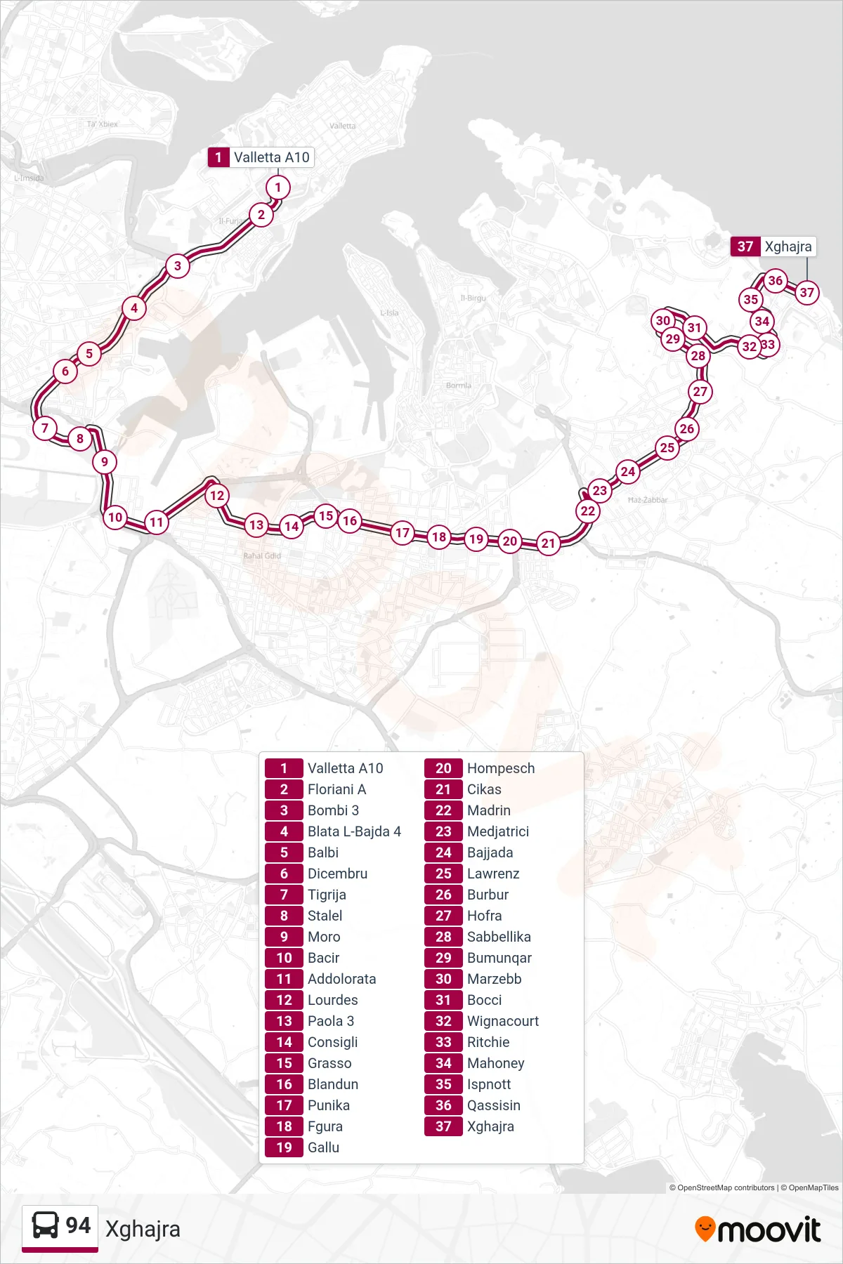 Linea 94 bus (Xghajra) - Percorsi e fermate sulla mappa