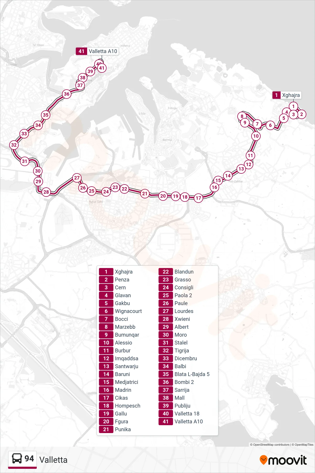 Linea 94 bus (Valletta) - Percorsi e fermate sulla mappa