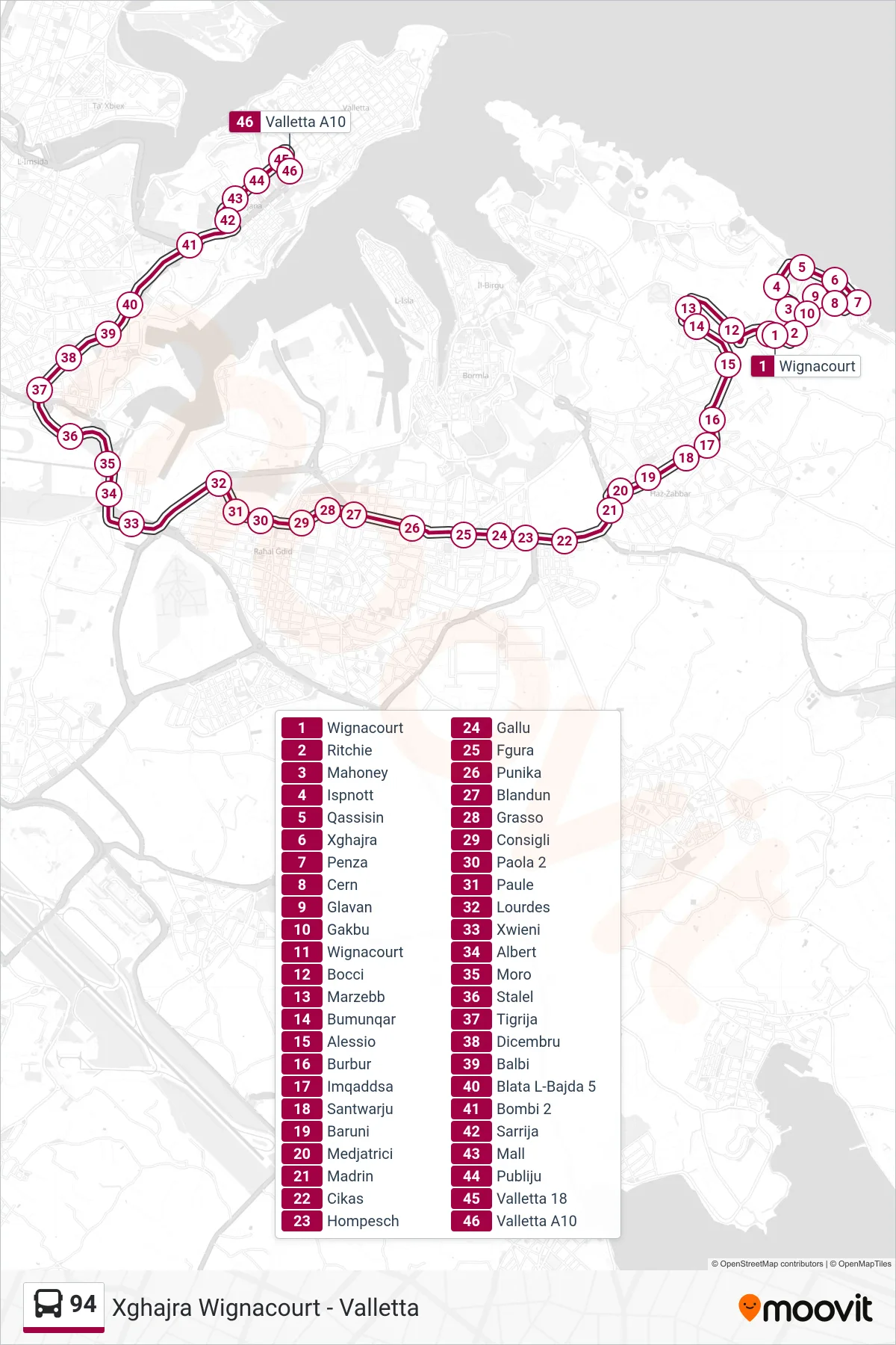 Linea 94 bus (Xghajra Wignacourt - Valletta) - Percorsi e fermate sulla mappa