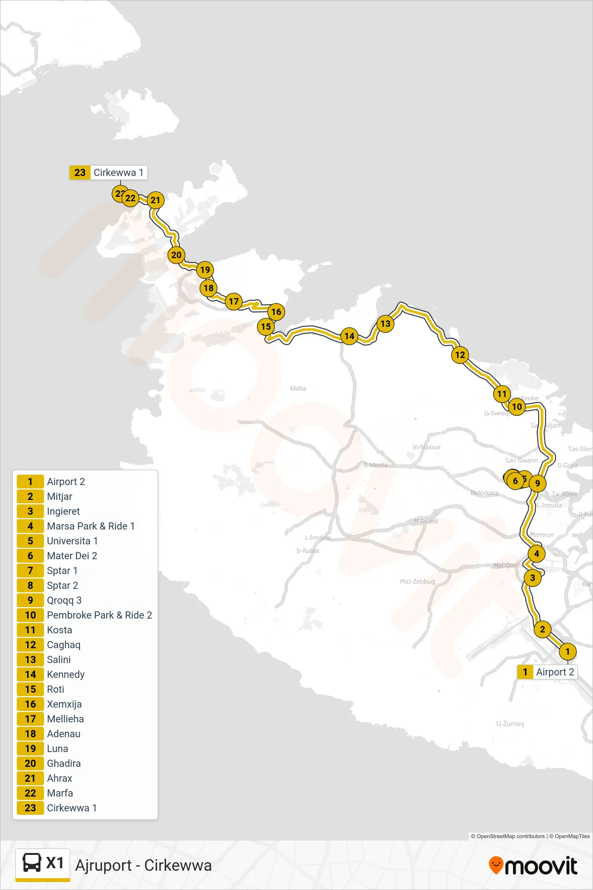 Linea X1 bus (Cirkewwa) - Percorsi e fermate sulla mappa