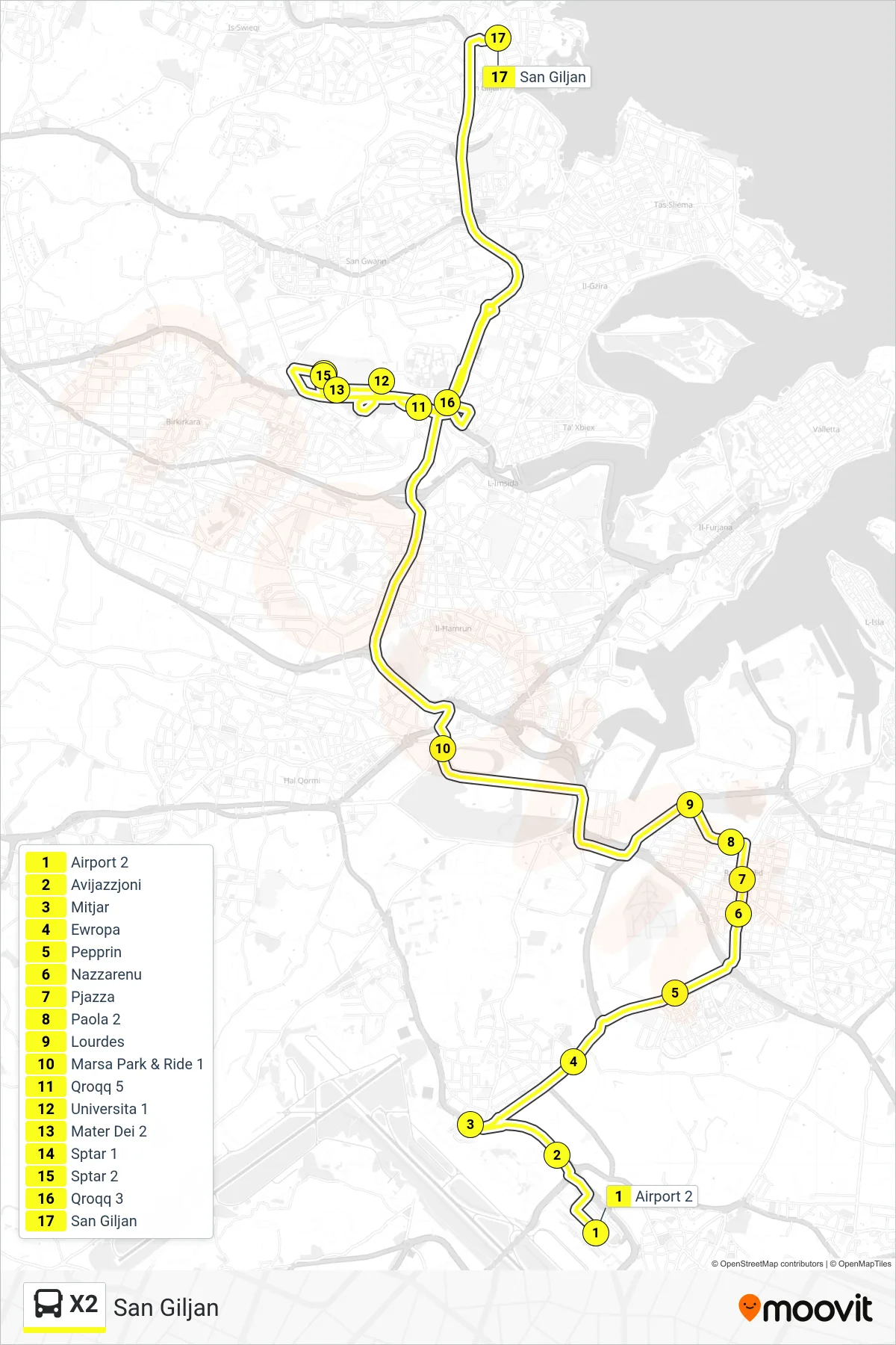 Linea X2 bus (San Giljan) - Percorsi e fermate sulla mappa