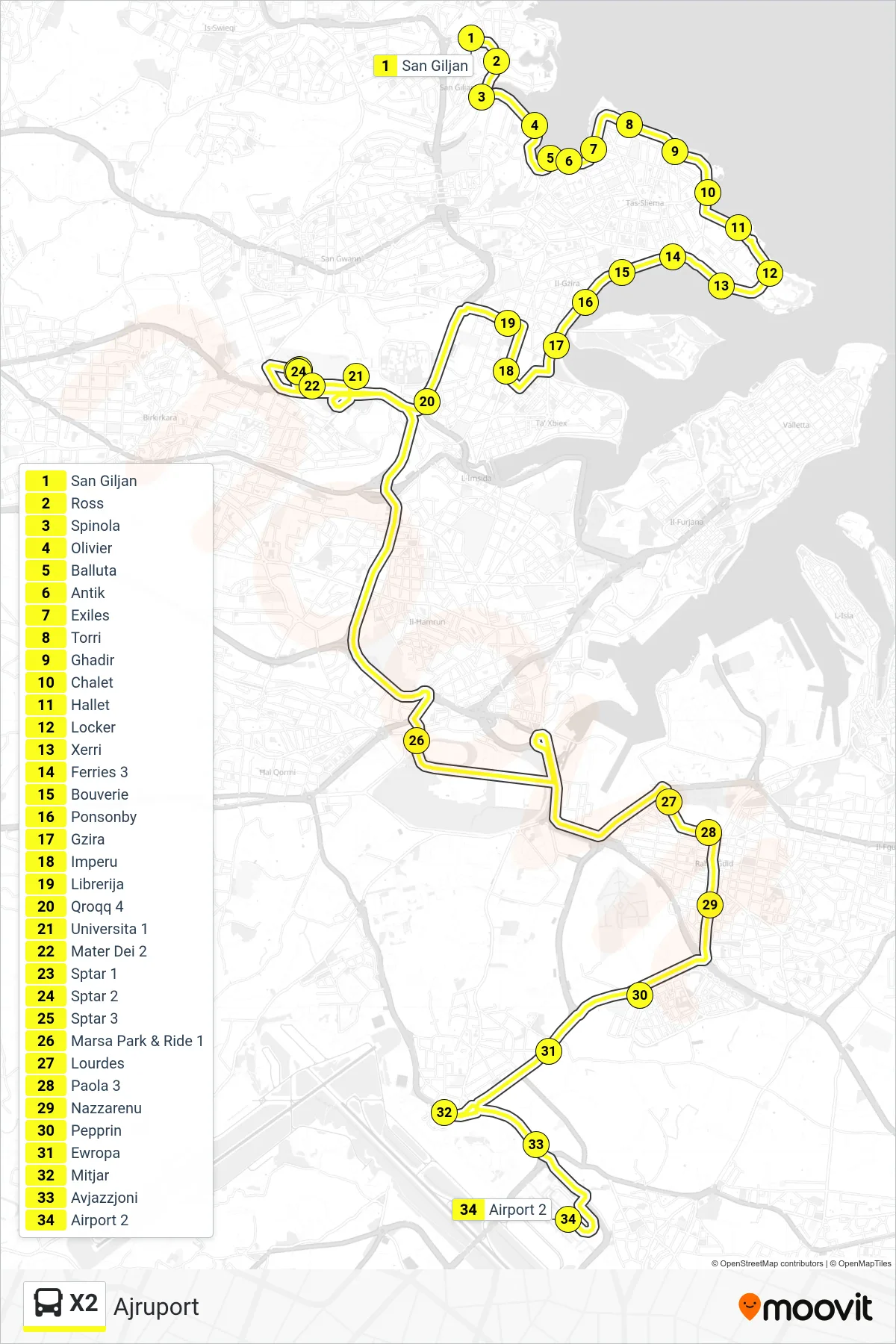Linea X2 bus (Ajruport) - Percorsi e fermate sulla mappa