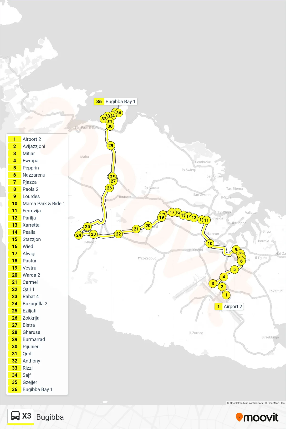 Linea X3 bus (Bugibba) - Percorsi e fermate sulla mappa