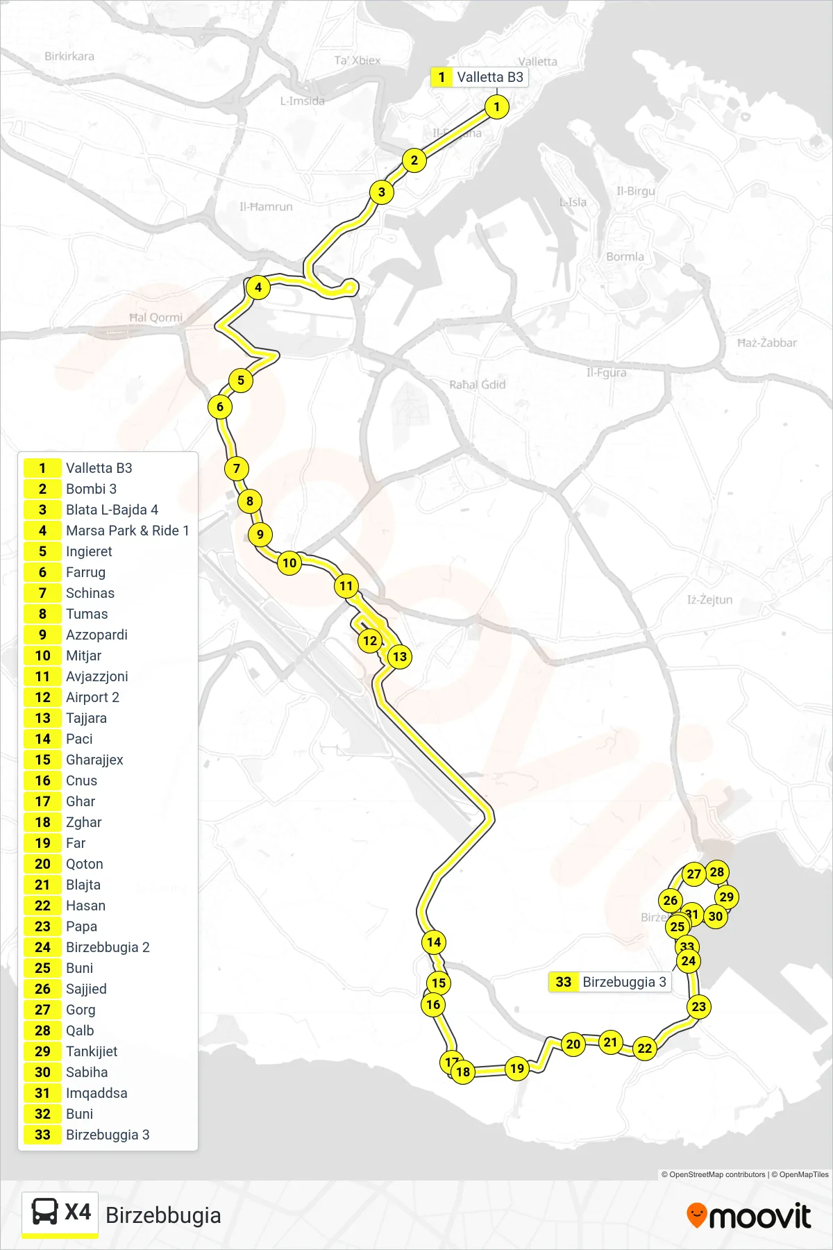 Linea X4 bus (Birzebbugia) - Percorsi e fermate sulla mappa