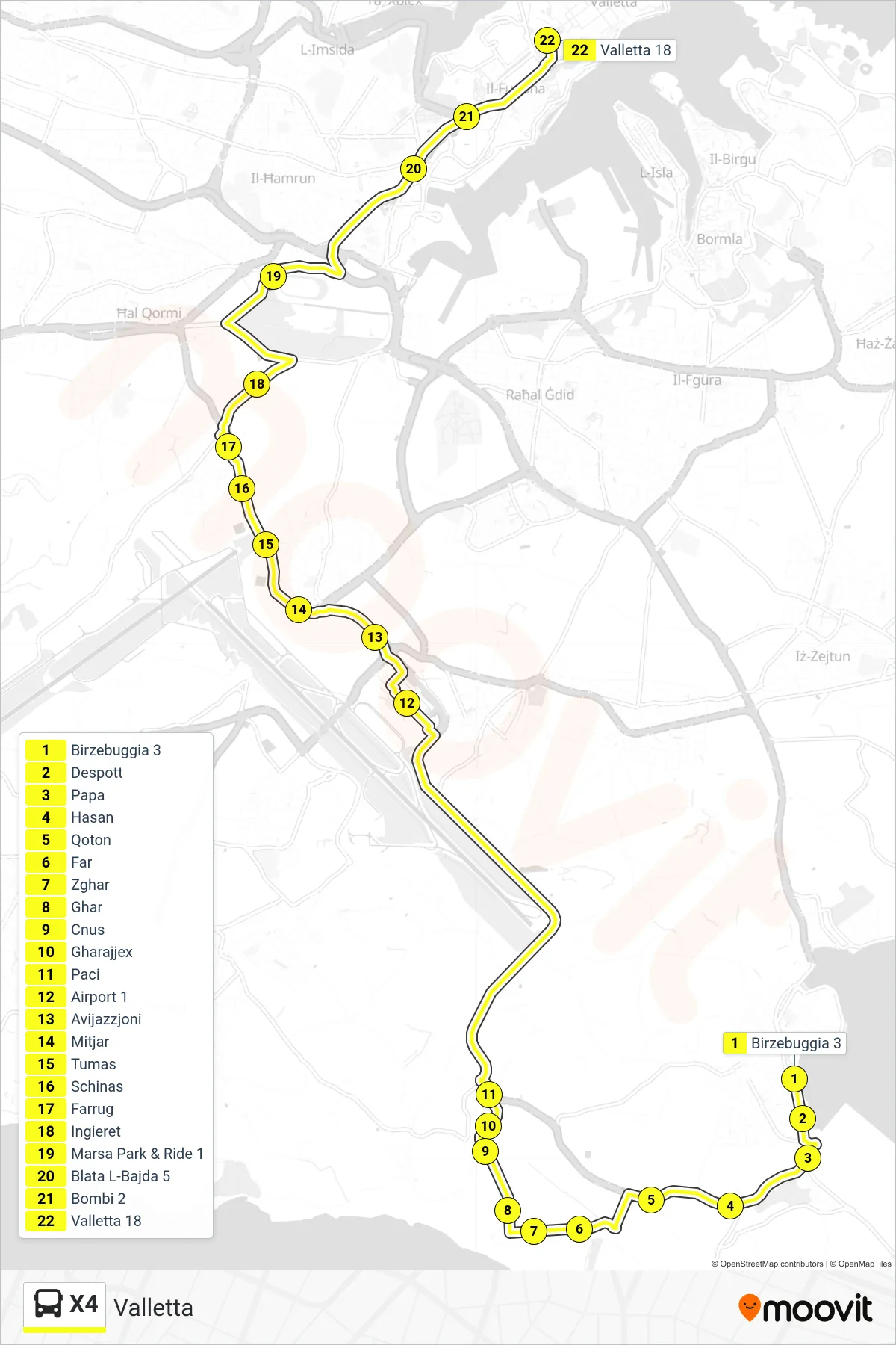 Linea X4  bus (Valletta) - Percorsi e fermate sulla mappa