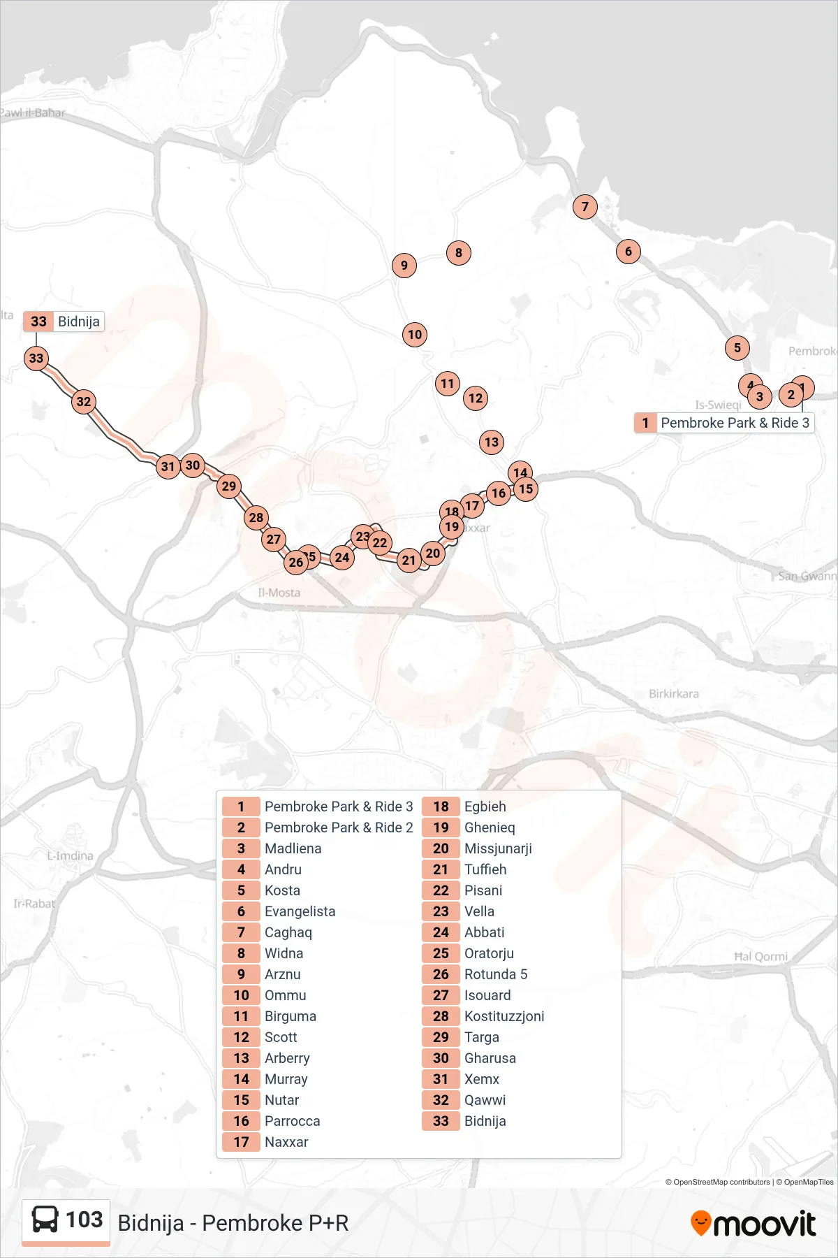 Linea 103 bus (Bidnija) - Percorsi e fermate sulla mappa