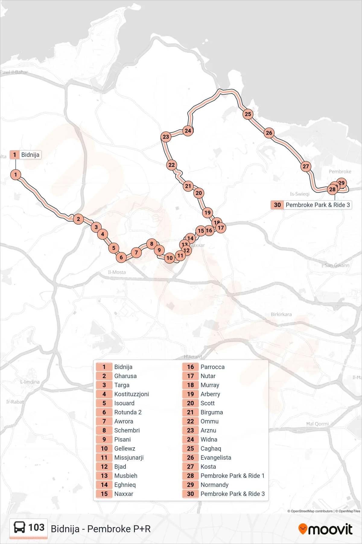 Linea 103  bus (Pembroke P+R) - Percorsi e fermate sulla mappa